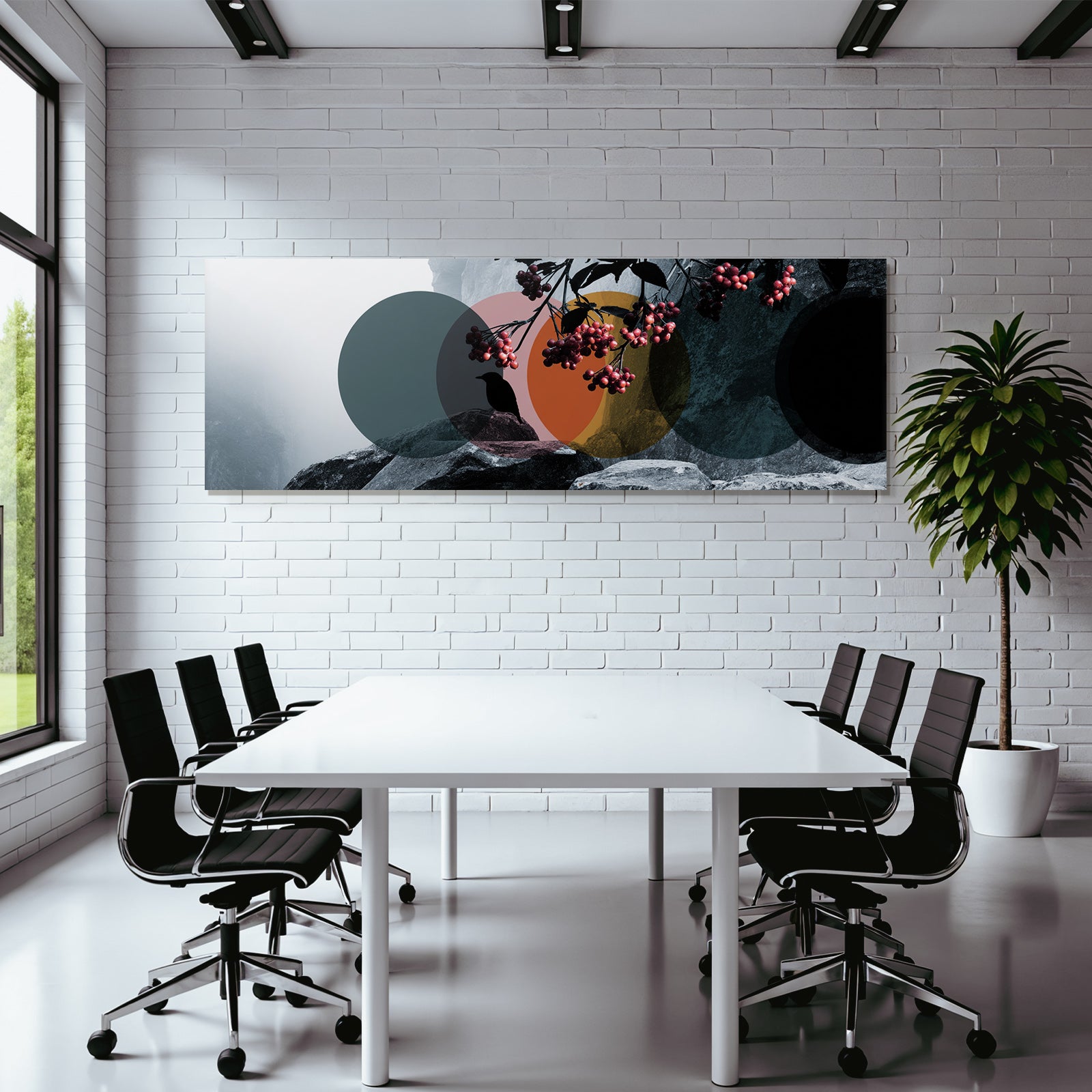 Mistige Landschaft Und Abstrakte Kreise Vogel Silhouette