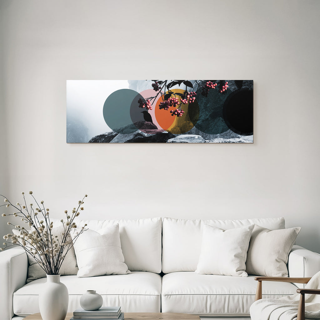 Mistige Landschaft Und Abstrakte Kreise Vogel Silhouette