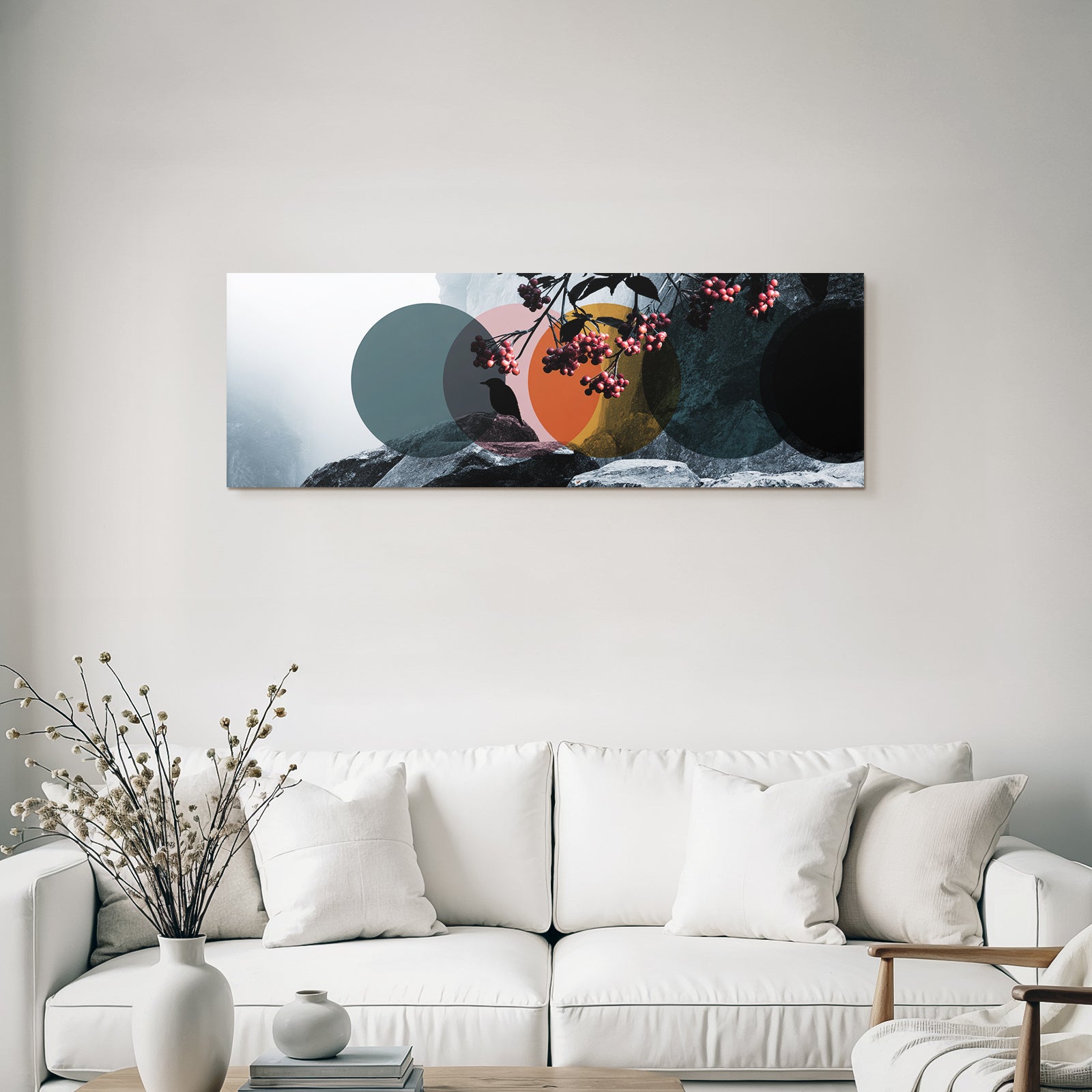 Mistige Landschaft Und Abstrakte Kreise Vogel Silhouette