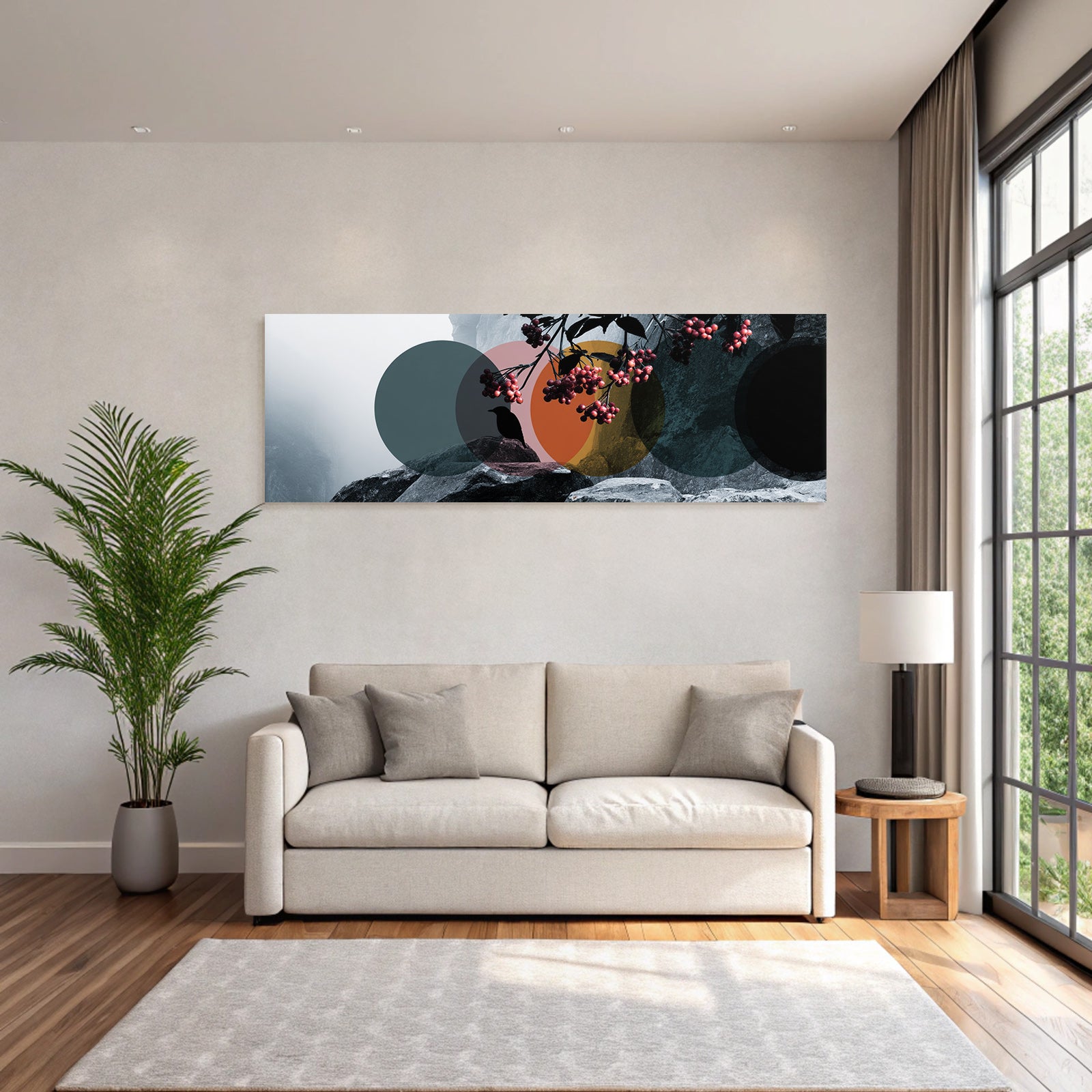 Mistige Landschaft Und Abstrakte Kreise Vogel Silhouette