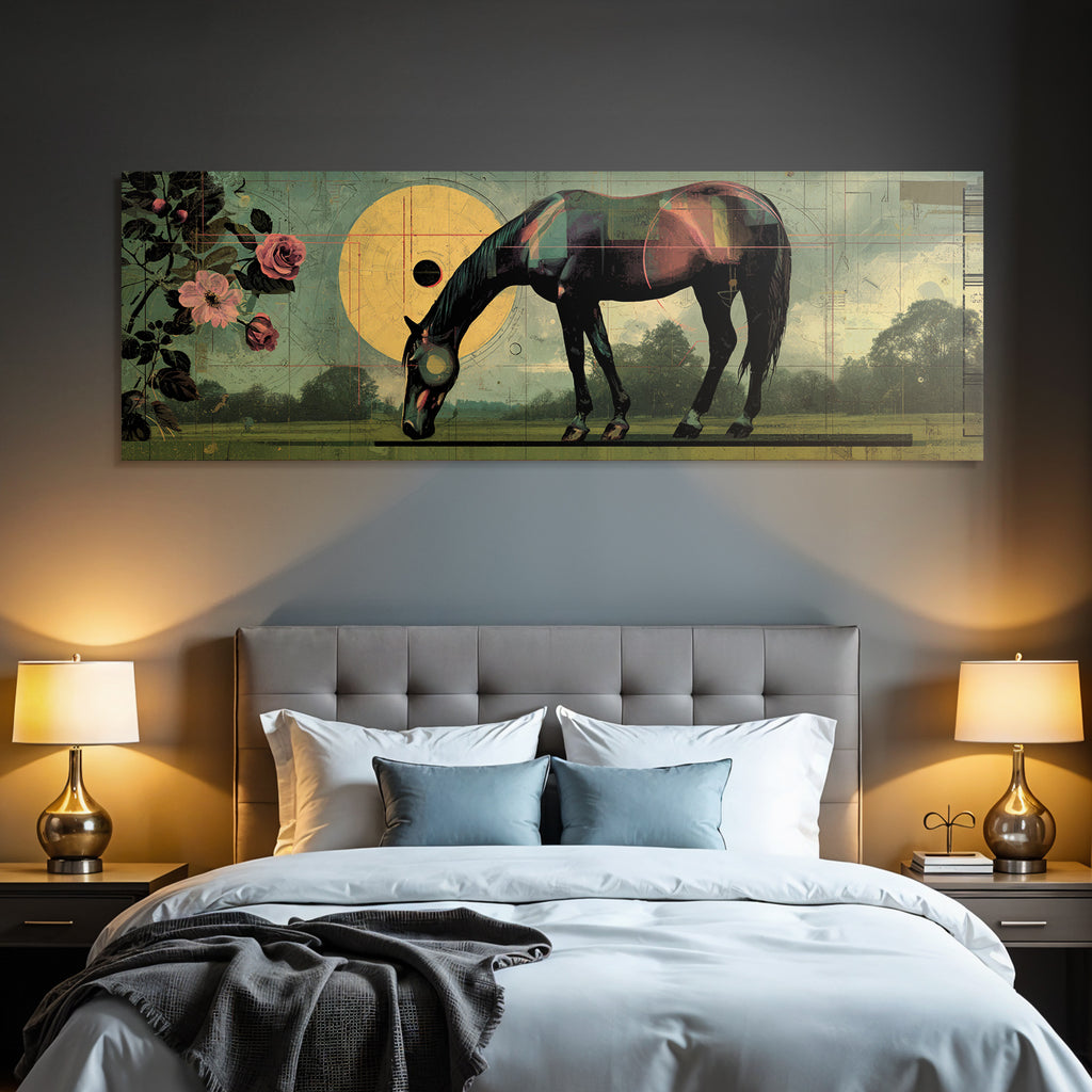 Pferd In Kunstvollem Hintergrund Mit Geometrischen Formen Und Rosen