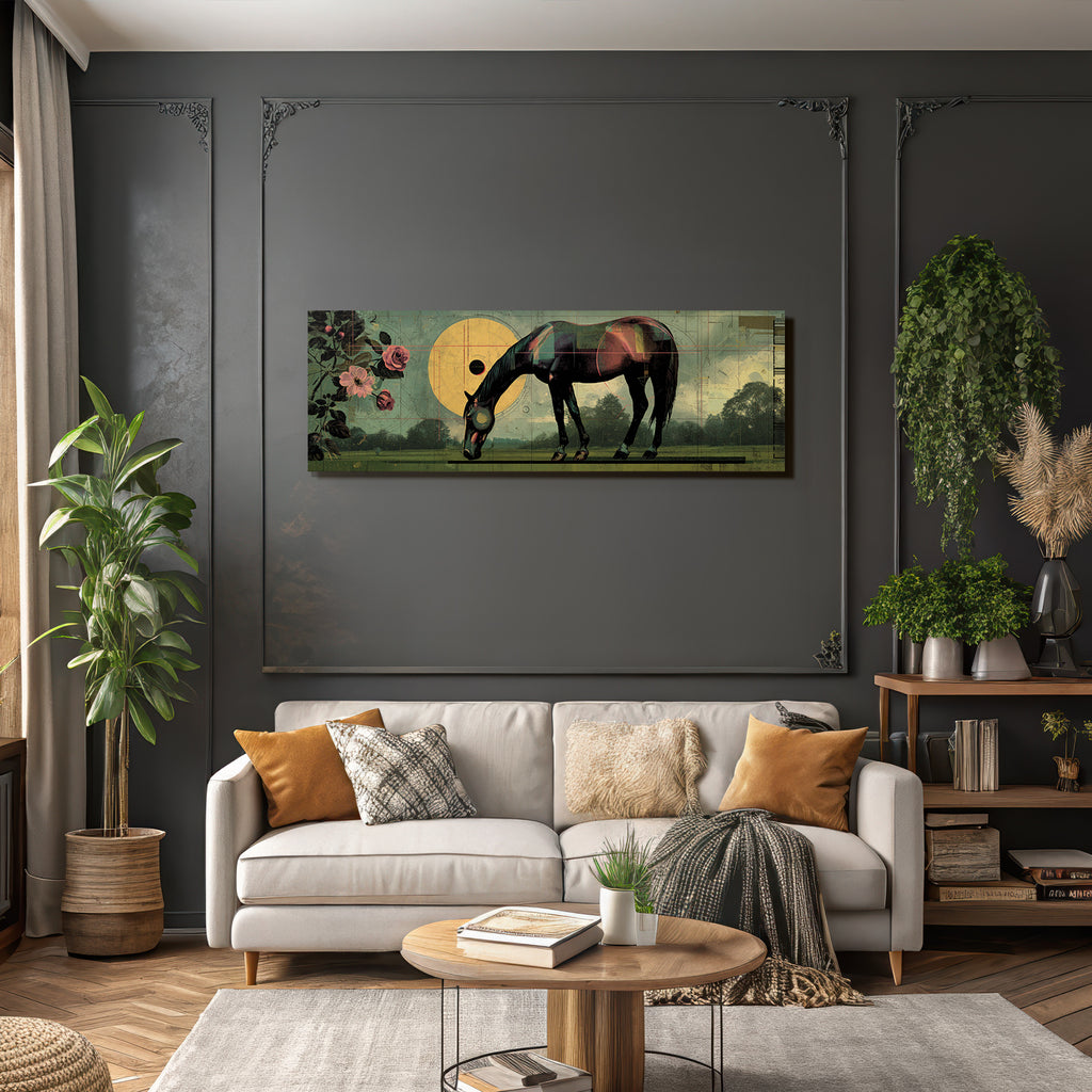 Pferd In Kunstvollem Hintergrund Mit Geometrischen Formen Und Rosen