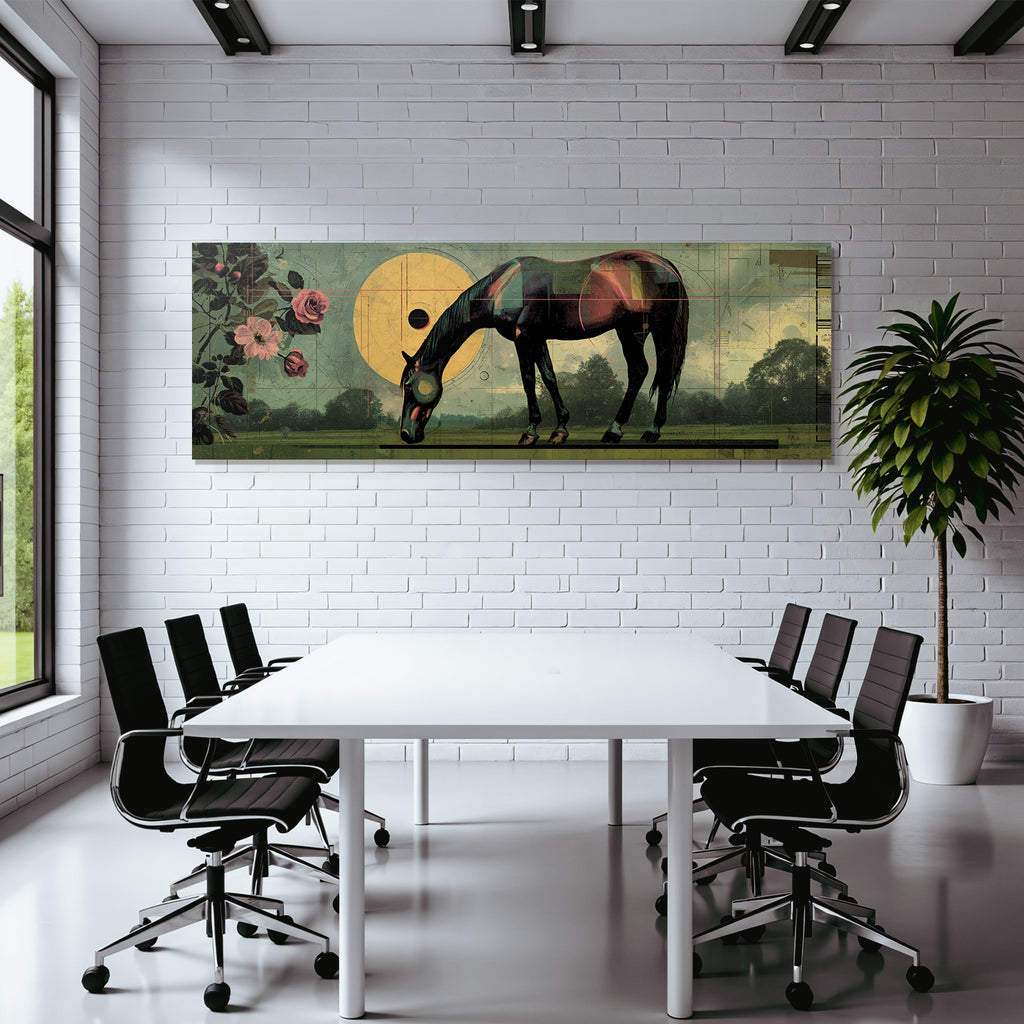 Pferd In Kunstvollem Hintergrund Mit Geometrischen Formen Und Rosen