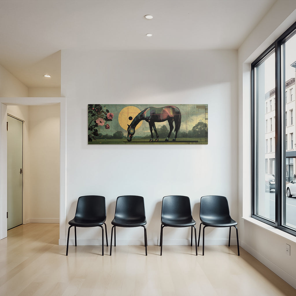 Pferd In Kunstvollem Hintergrund Mit Geometrischen Formen Und Rosen