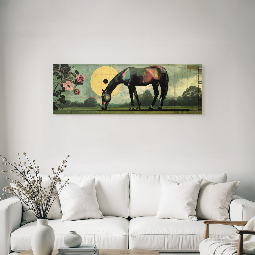Pferd In Kunstvollem Hintergrund Mit Geometrischen Formen Und Rosen