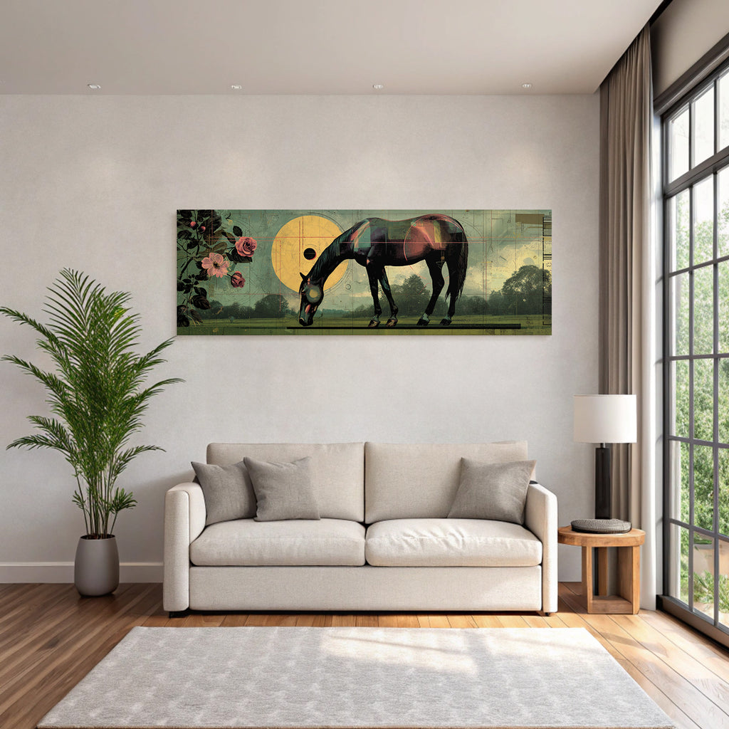 Pferd In Kunstvollem Hintergrund Mit Geometrischen Formen Und Rosen