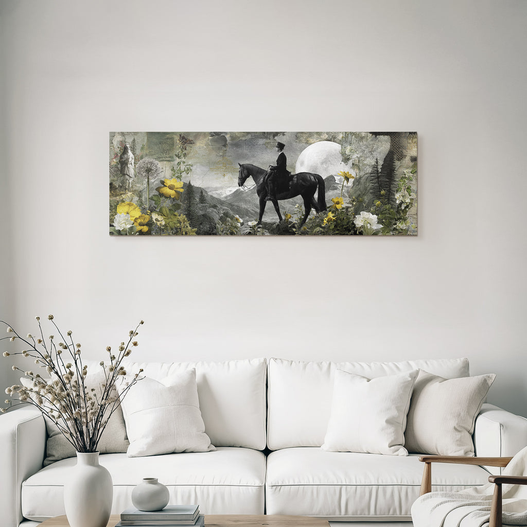 Reiter In Der Natur Mit Bunten Blumen Und Abstrakten Texturen