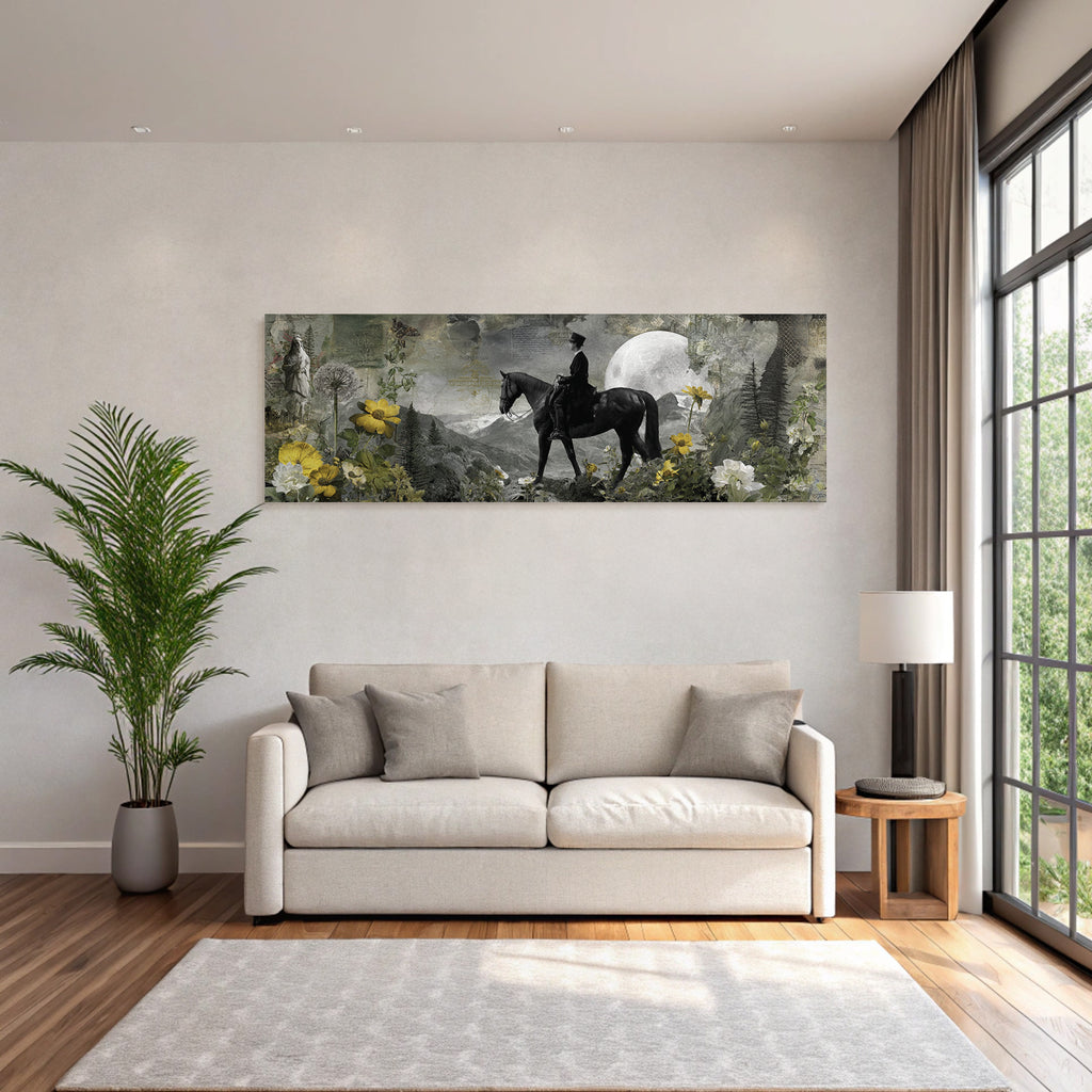 Reiter In Der Natur Mit Bunten Blumen Und Abstrakten Texturen