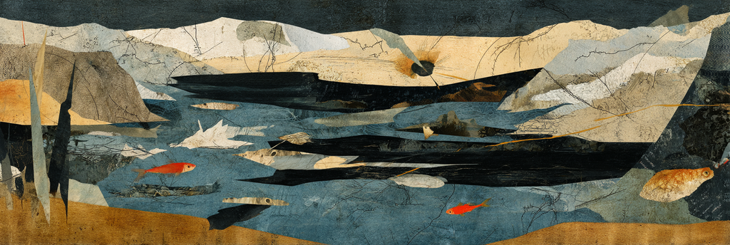 Ruhige Landschaft Mit Wasser Bergen Und Fischen | Collagen | Kunstgattungen