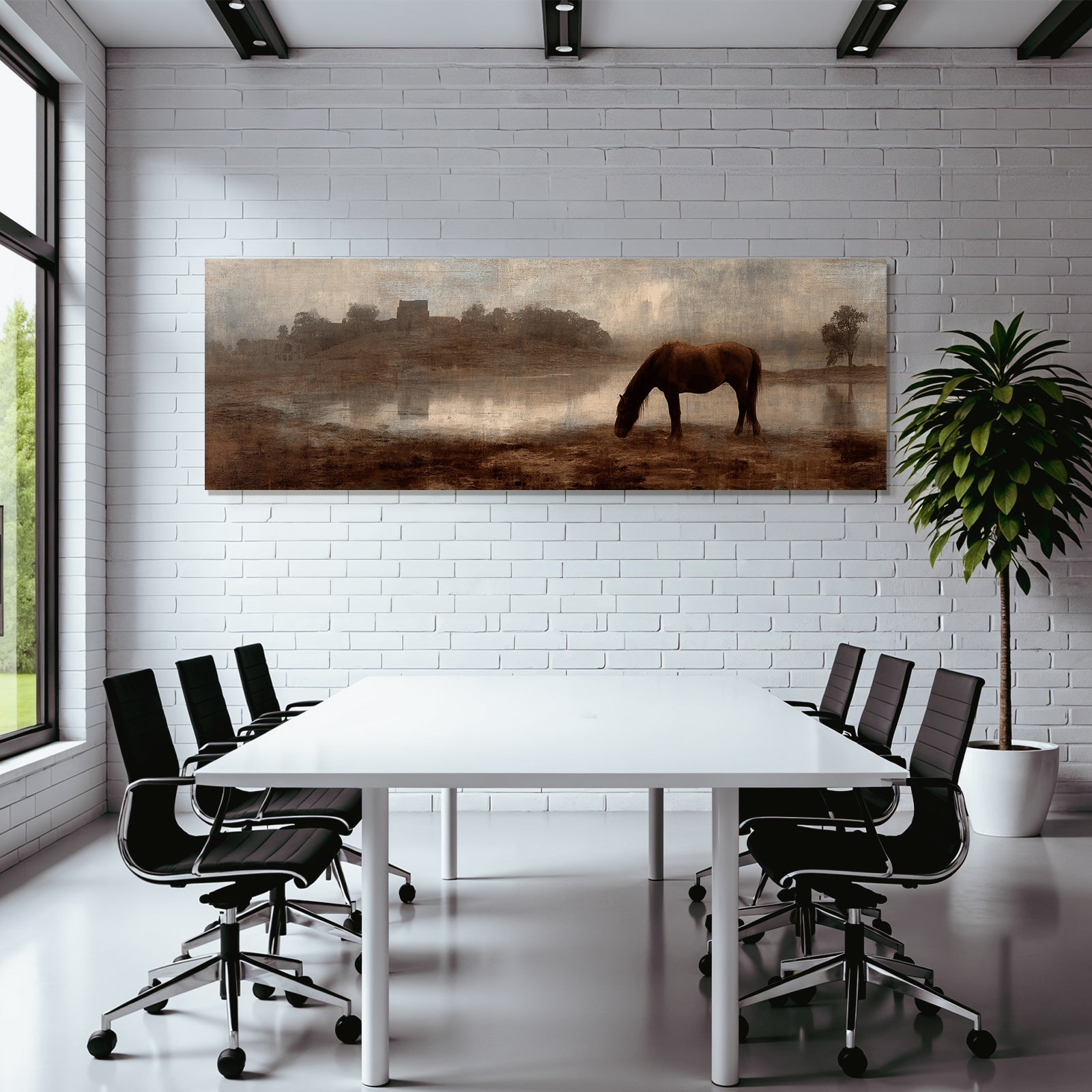 Ruhige Landschaft Pferd Weide Stealth Und Ruinen Morgend Nebel