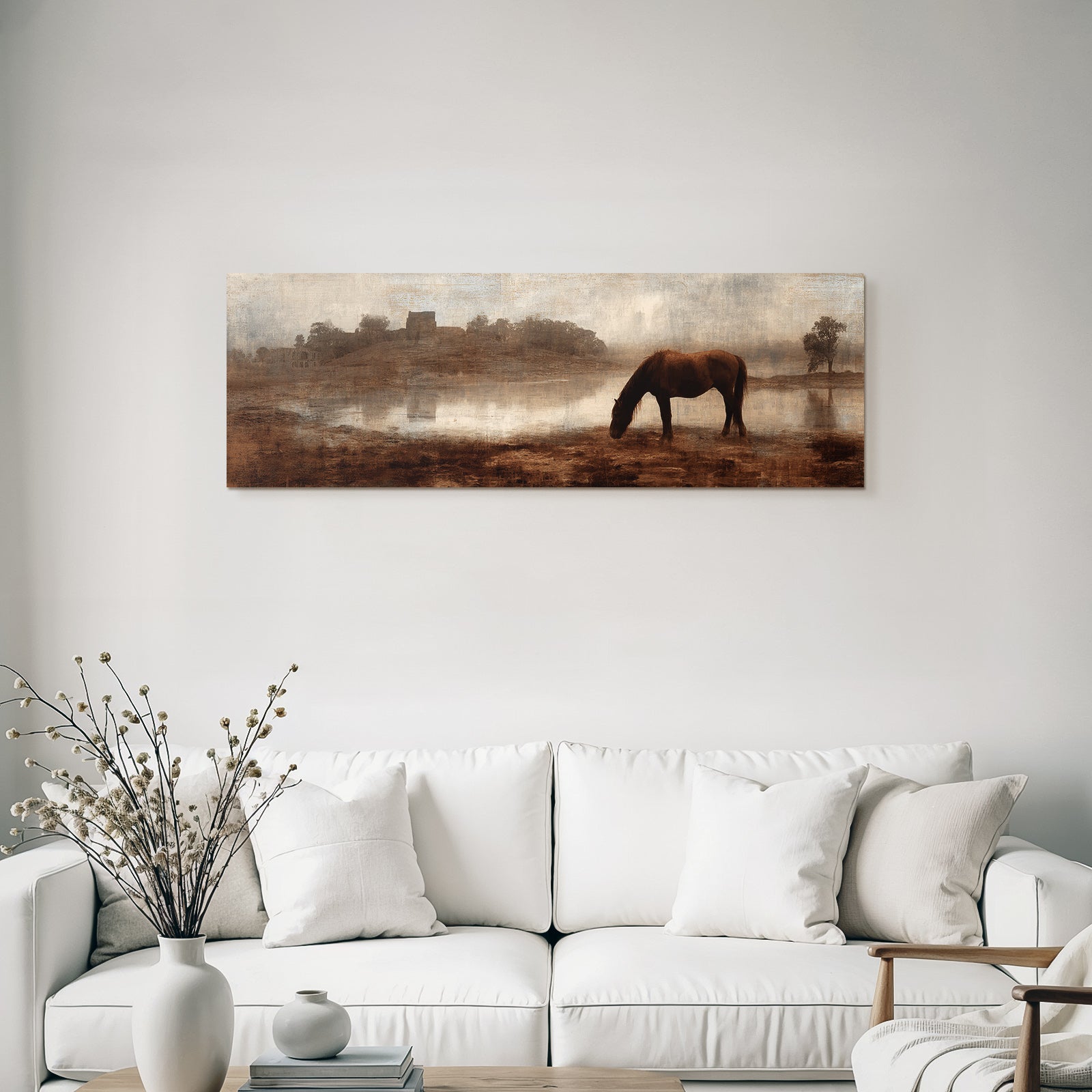 Ruhige Landschaft Pferd Weide Stealth Und Ruinen Morgend Nebel