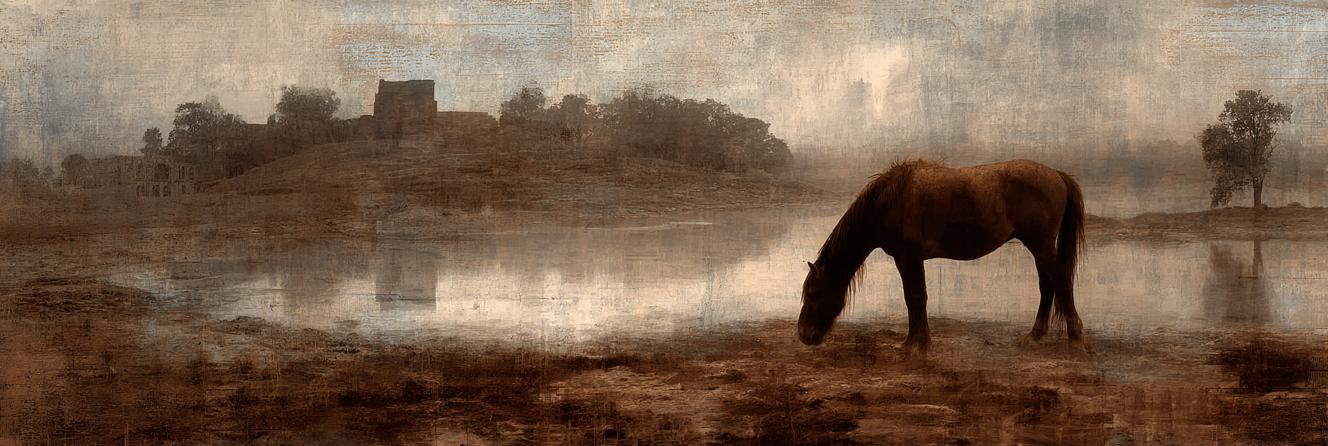 Ruhige Landschaft Pferd Weide Stealth Und Ruinen Morgend Nebel | Collagen | Kunstgattungen
