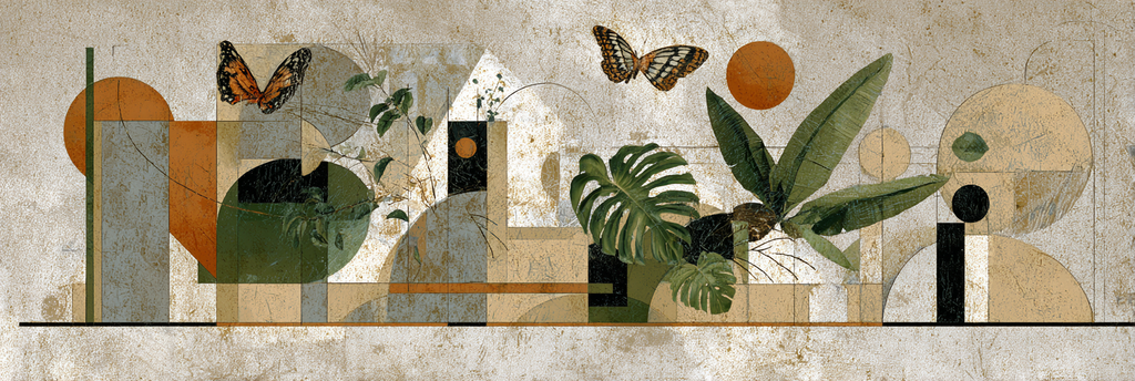 Stylisierte Kunstwerk Abstracte Formen Natur Elemente Butterflies Erdtoene | Collagen | Kunstgattungen
