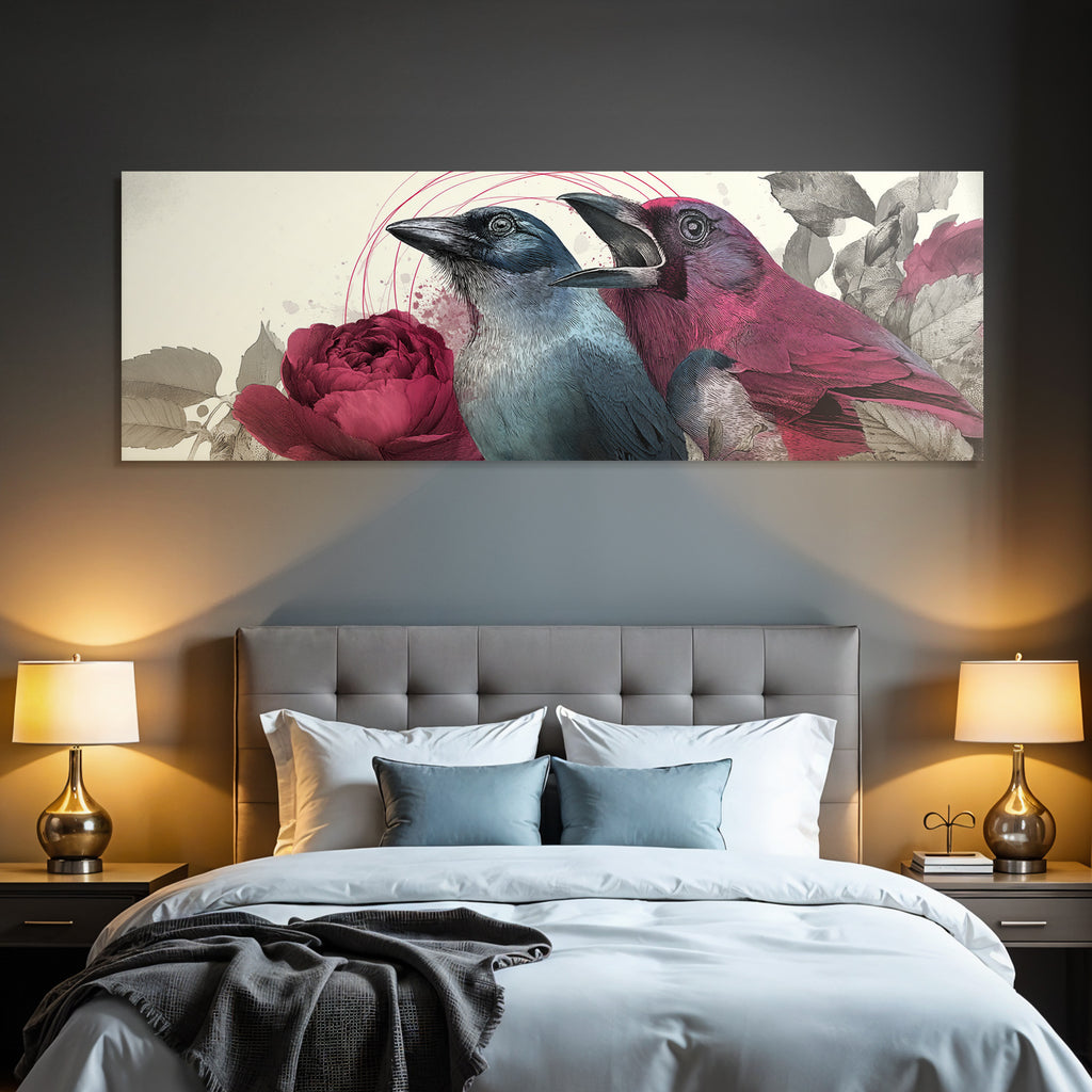 Vogelkunst Mit Blumen Und Blaettern Blau Und Rosa