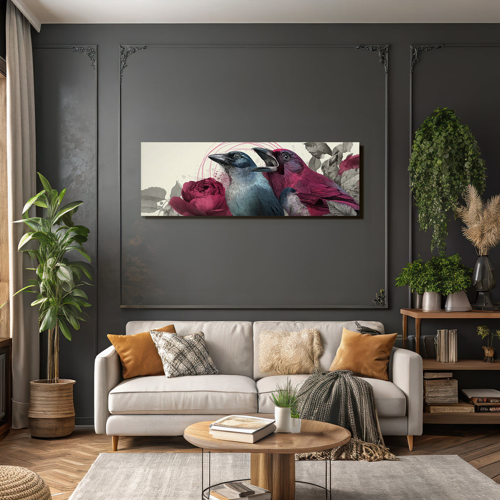 Vogelkunst Mit Blumen Und Blaettern Blau Und Rosa