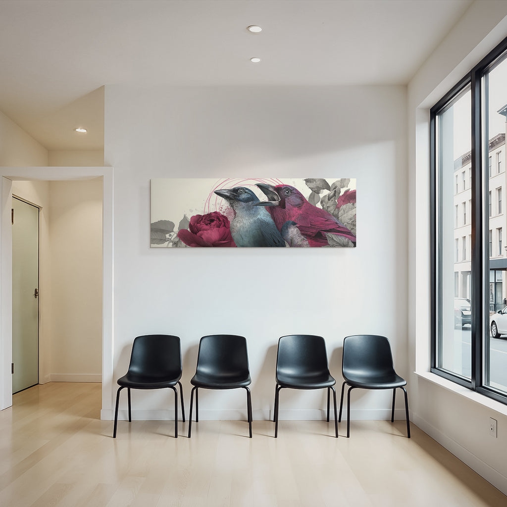 Vogelkunst Mit Blumen Und Blaettern Blau Und Rosa