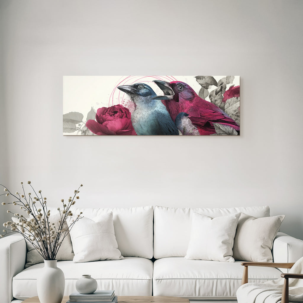 Vogelkunst Mit Blumen Und Blaettern Blau Und Rosa