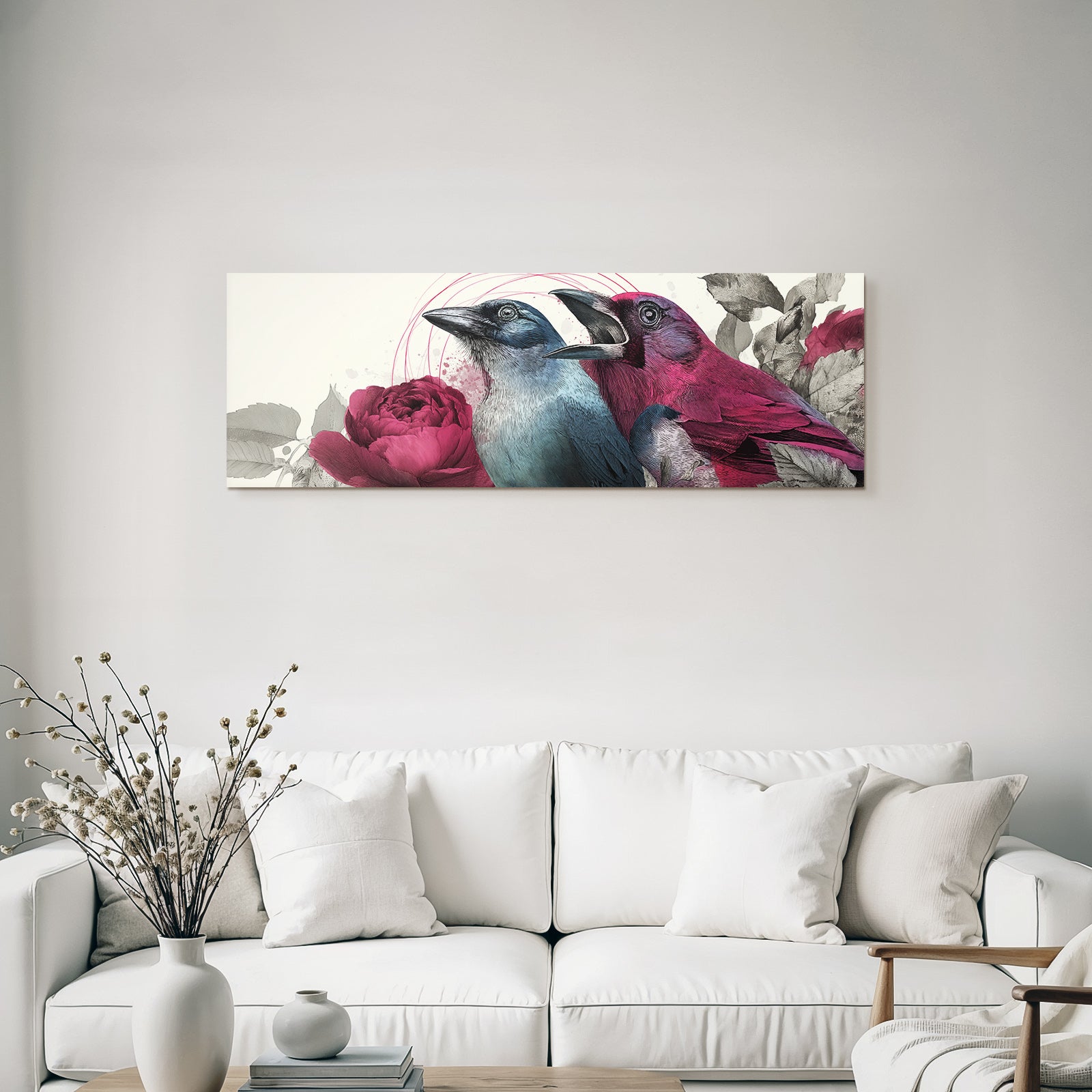 Vogelkunst Mit Blumen Und Blaettern Blau Und Rosa