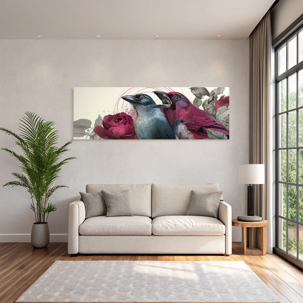 Vogelkunst Mit Blumen Und Blaettern Blau Und Rosa