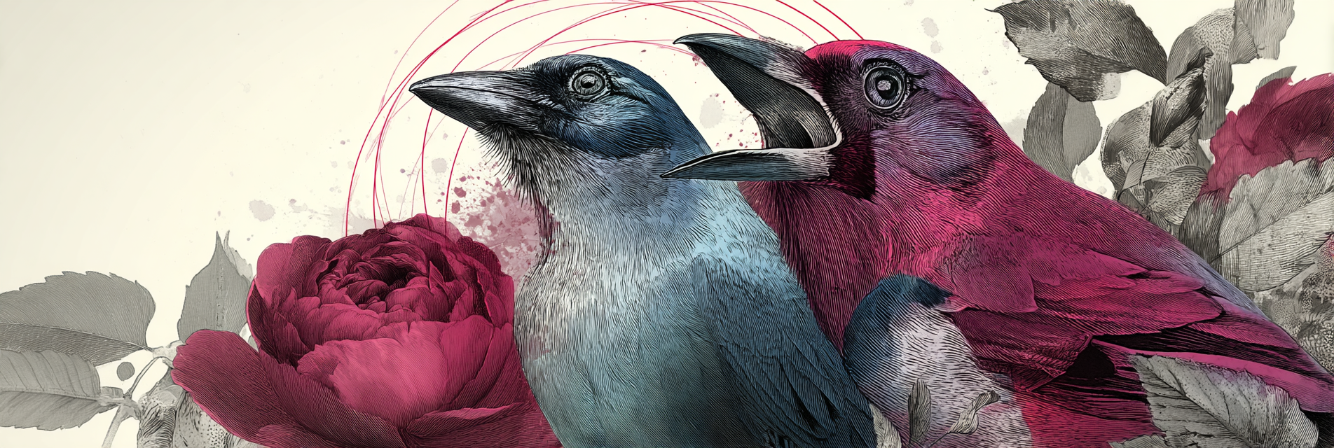 Vogelkunst Mit Blumen Und Blaettern Blau Und Rosa | Collagen | Kunstgattungen