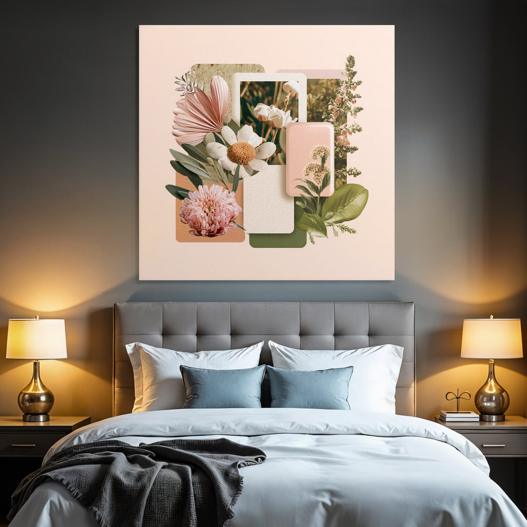 Blumen Collage Mit Botanischen Elementen Vor Rosem Hintergrund