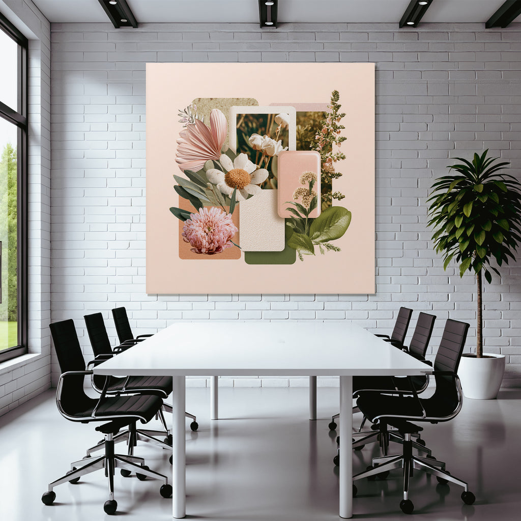 Blumen Collage Mit Botanischen Elementen Vor Rosem Hintergrund