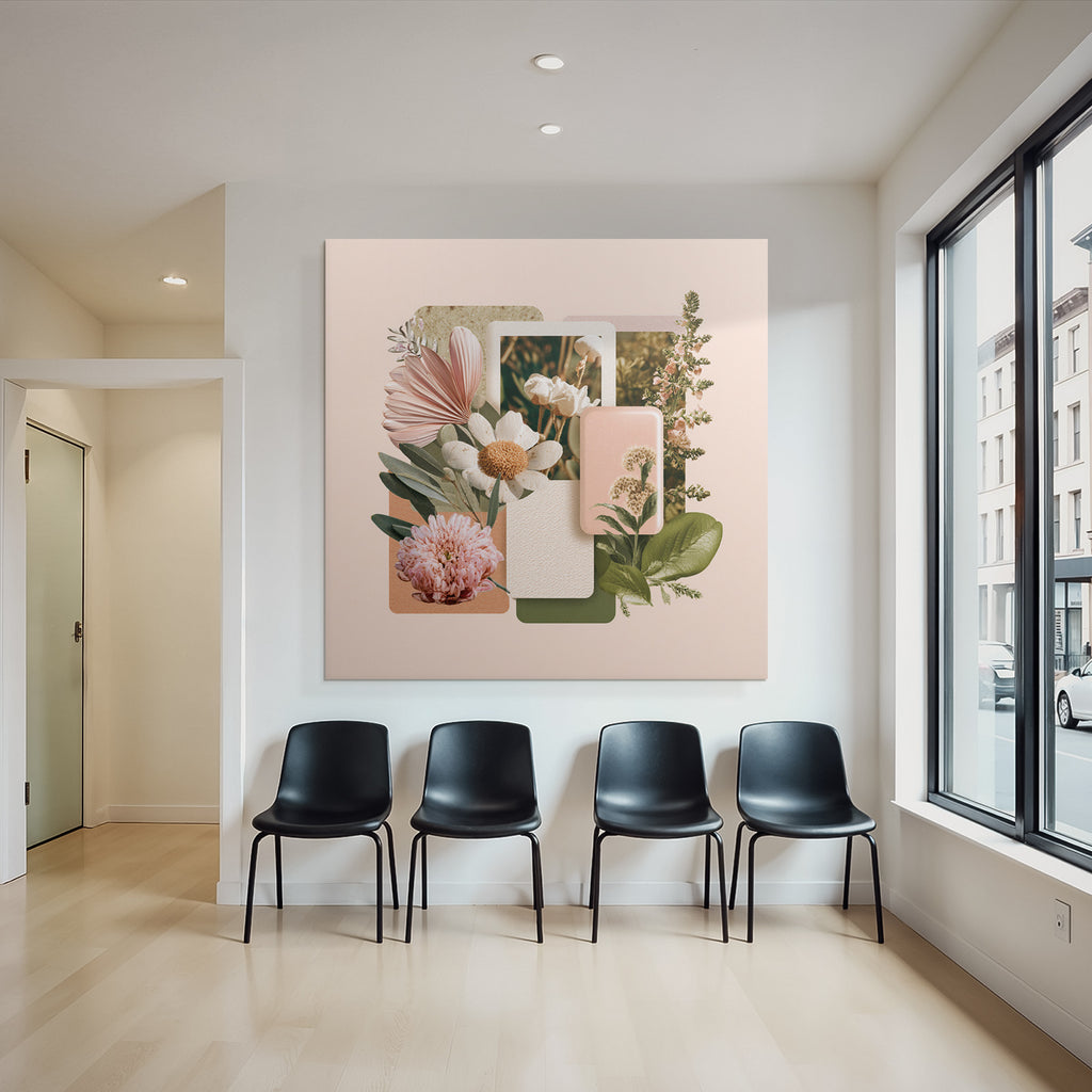 Blumen Collage Mit Botanischen Elementen Vor Rosem Hintergrund