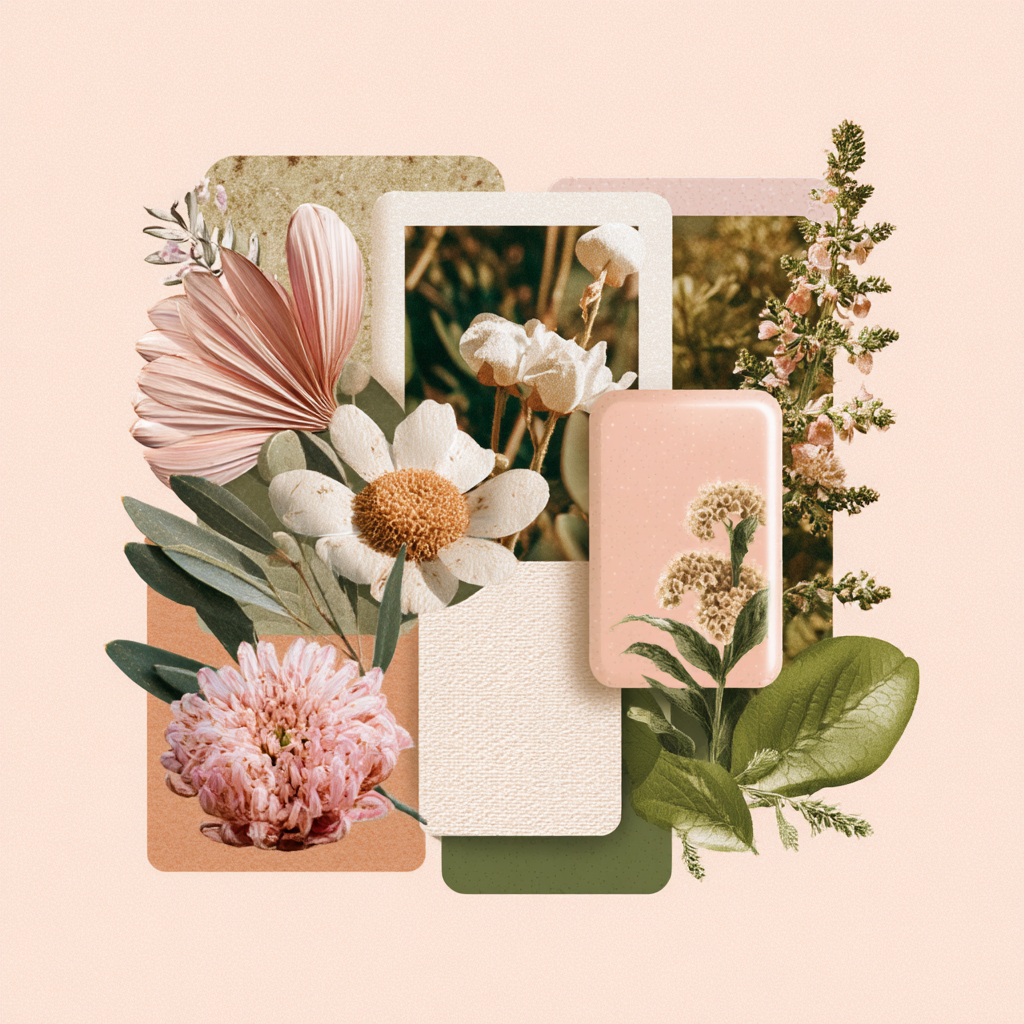 Blumen Collage Mit Botanischen Elementen Vor Rosem Hintergrund | Collagen | Kunstgattungen