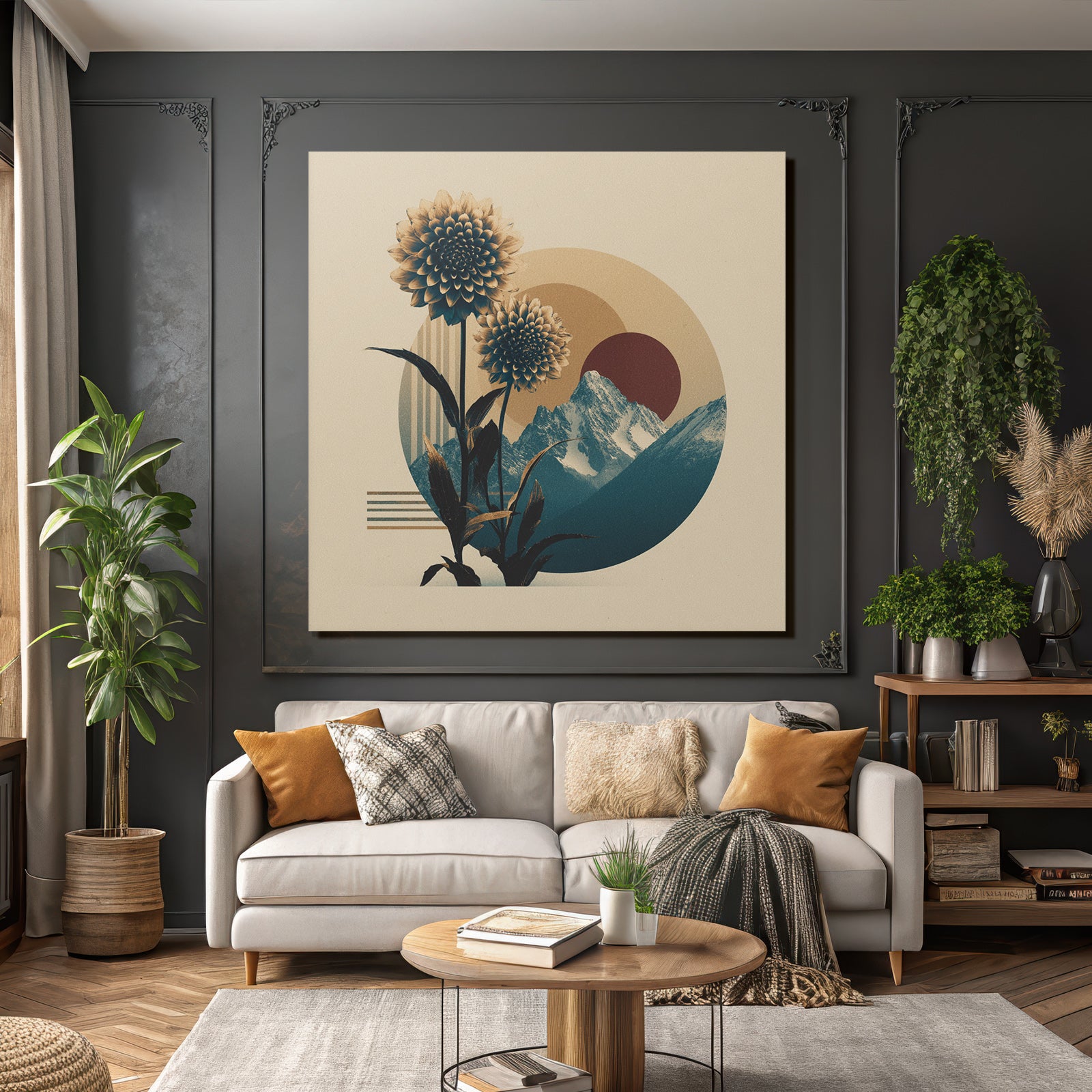 Blumen Und Berge Abstrakte Geometrische Formen Retro Aesthetik