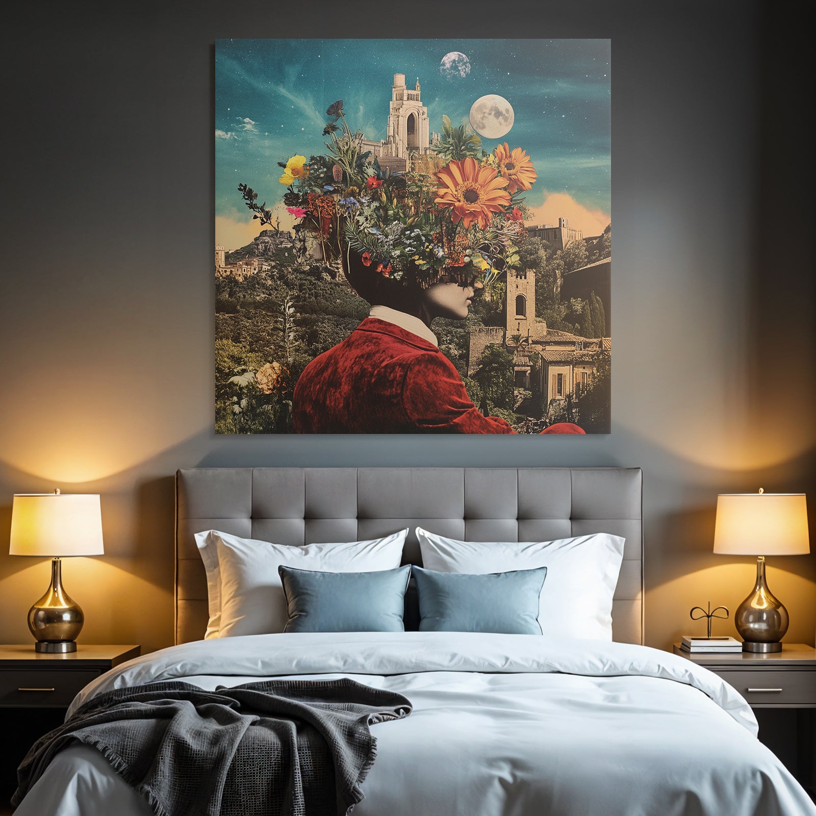 Blumenkopf Im Fantastischen Landscape Mit Schloss Und Sternen