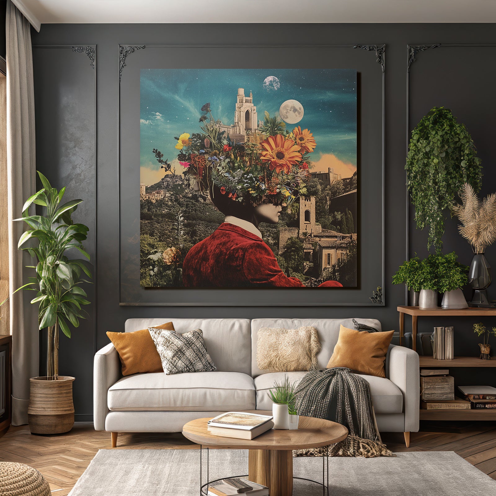 Blumenkopf Im Fantastischen Landscape Mit Schloss Und Sternen