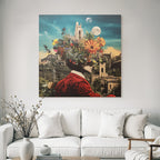 Blumenkopf Im Fantastischen Landscape Mit Schloss Und Sternen