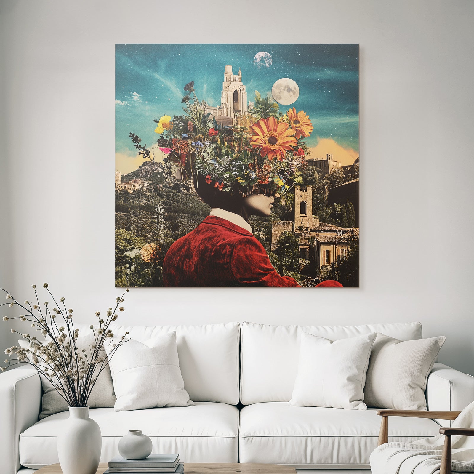 Blumenkopf Im Fantastischen Landscape Mit Schloss Und Sternen