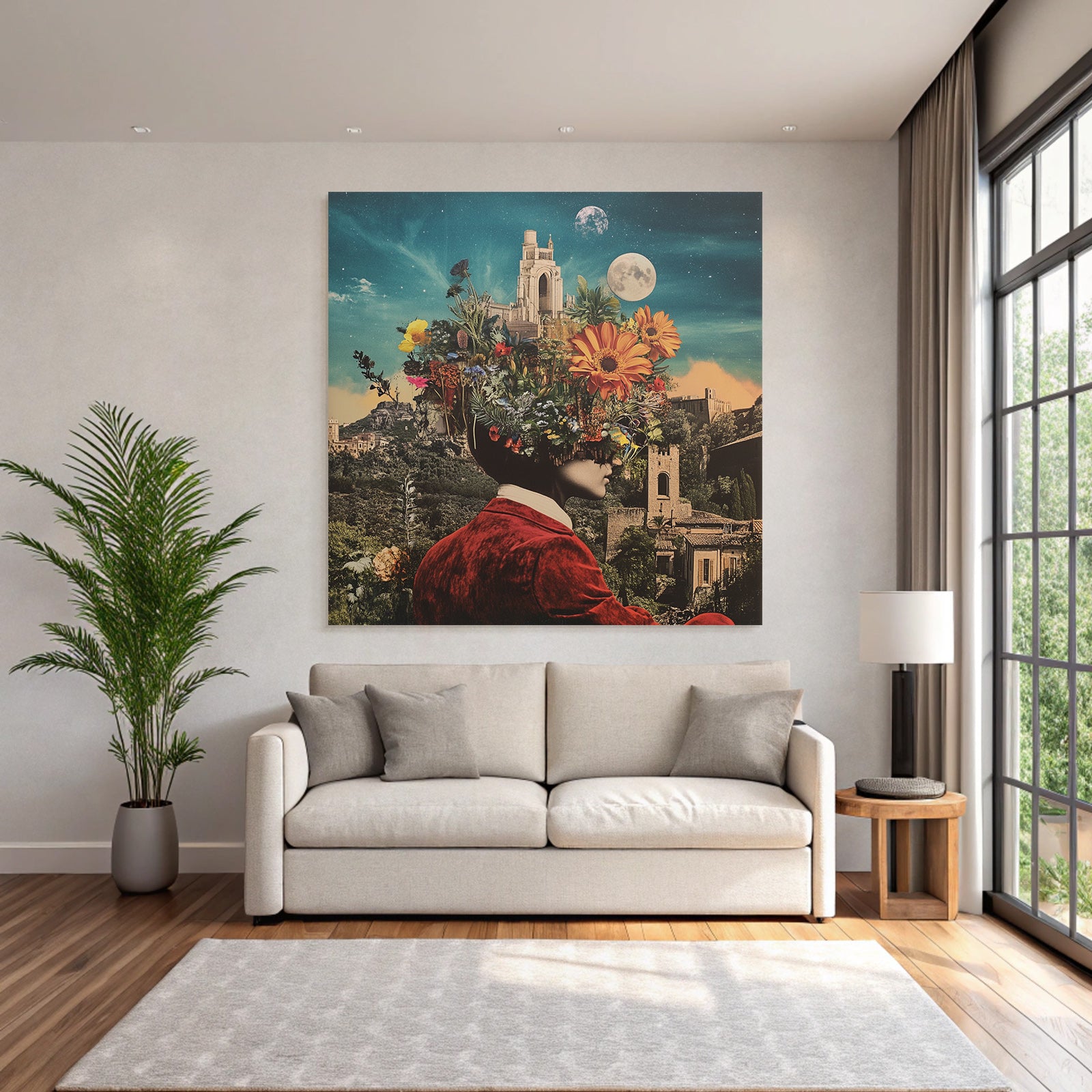 Blumenkopf Im Fantastischen Landscape Mit Schloss Und Sternen