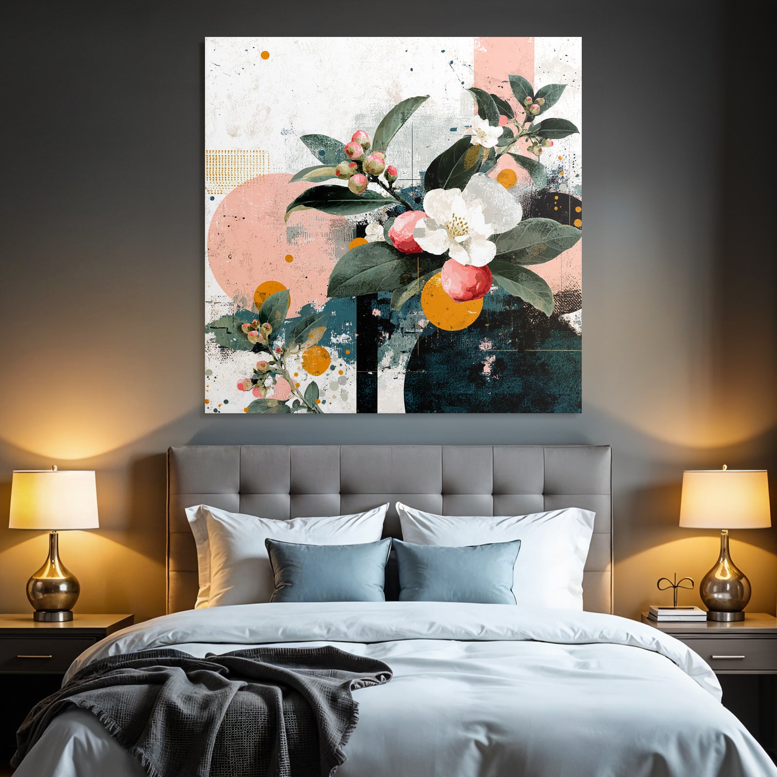 Blumige Abstrakte Artwork Mit Geomterischen Formen Rosa Orange Teal