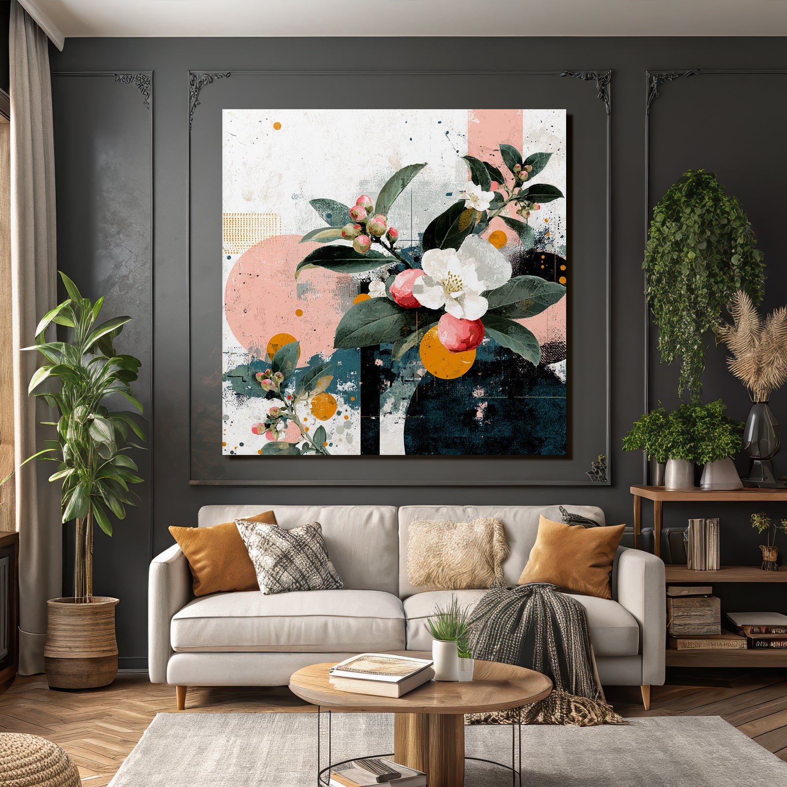 Blumige Abstrakte Artwork Mit Geomterischen Formen Rosa Orange Teal