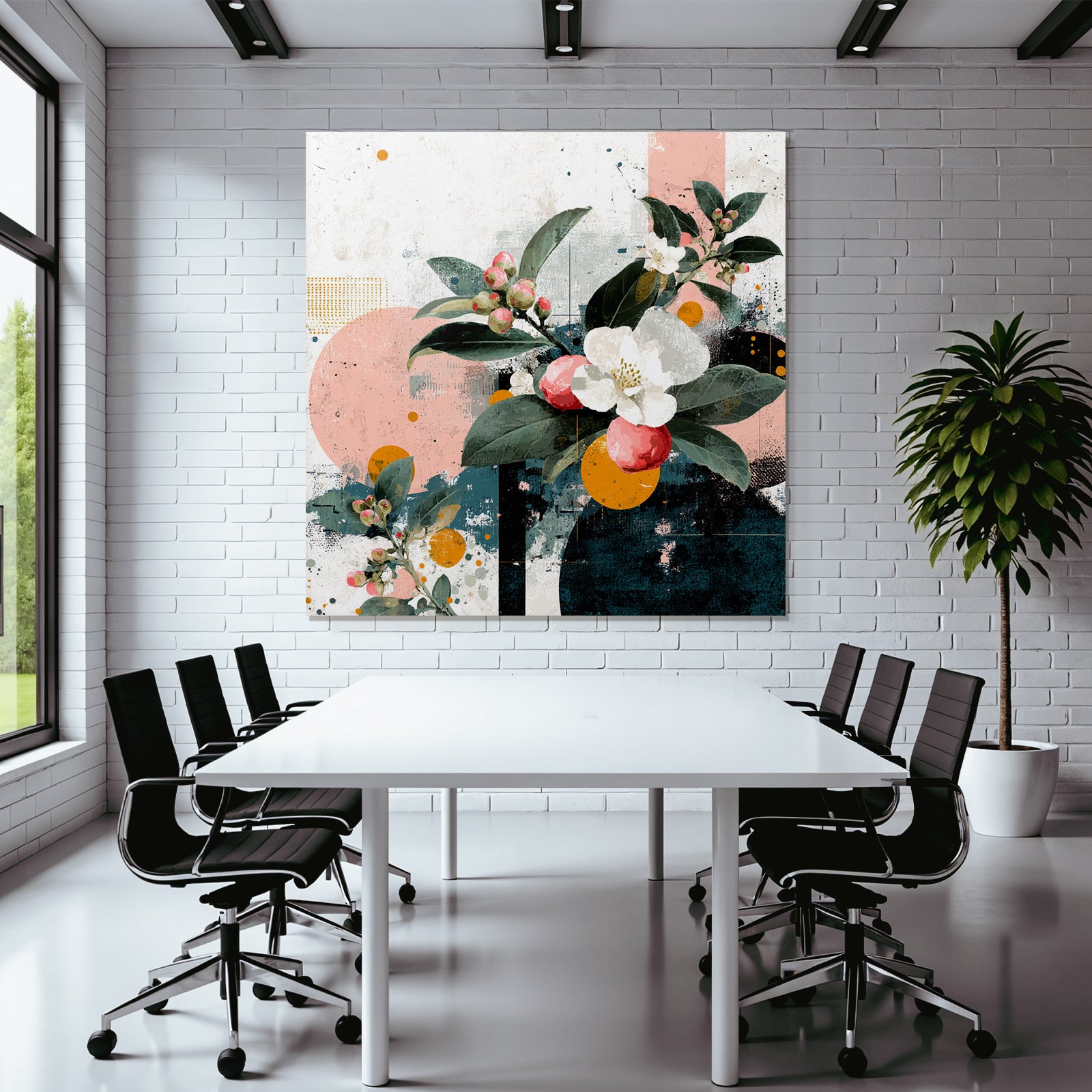 Blumige Abstrakte Artwork Mit Geomterischen Formen Rosa Orange Teal
