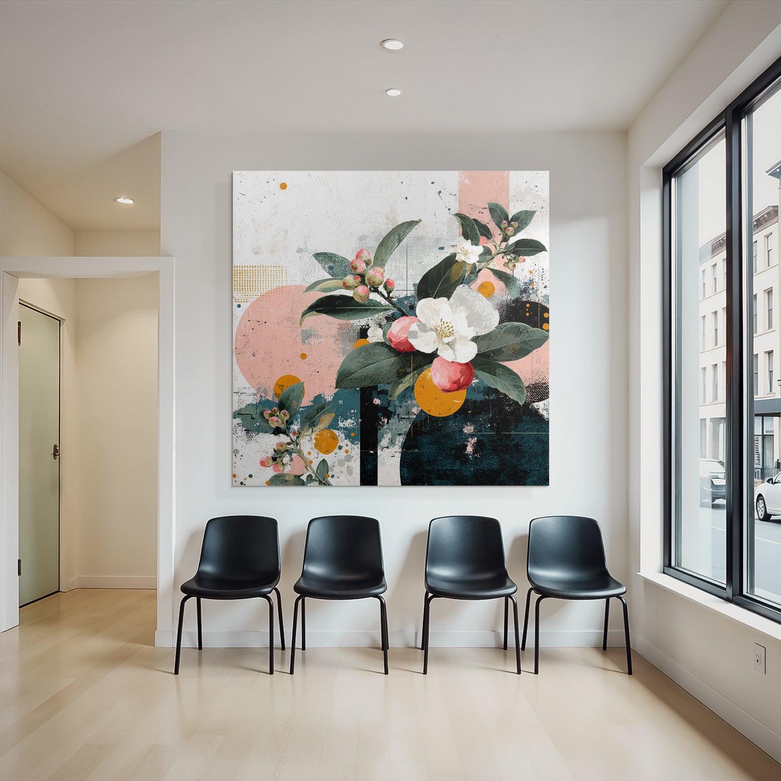 Blumige Abstrakte Artwork Mit Geomterischen Formen Rosa Orange Teal