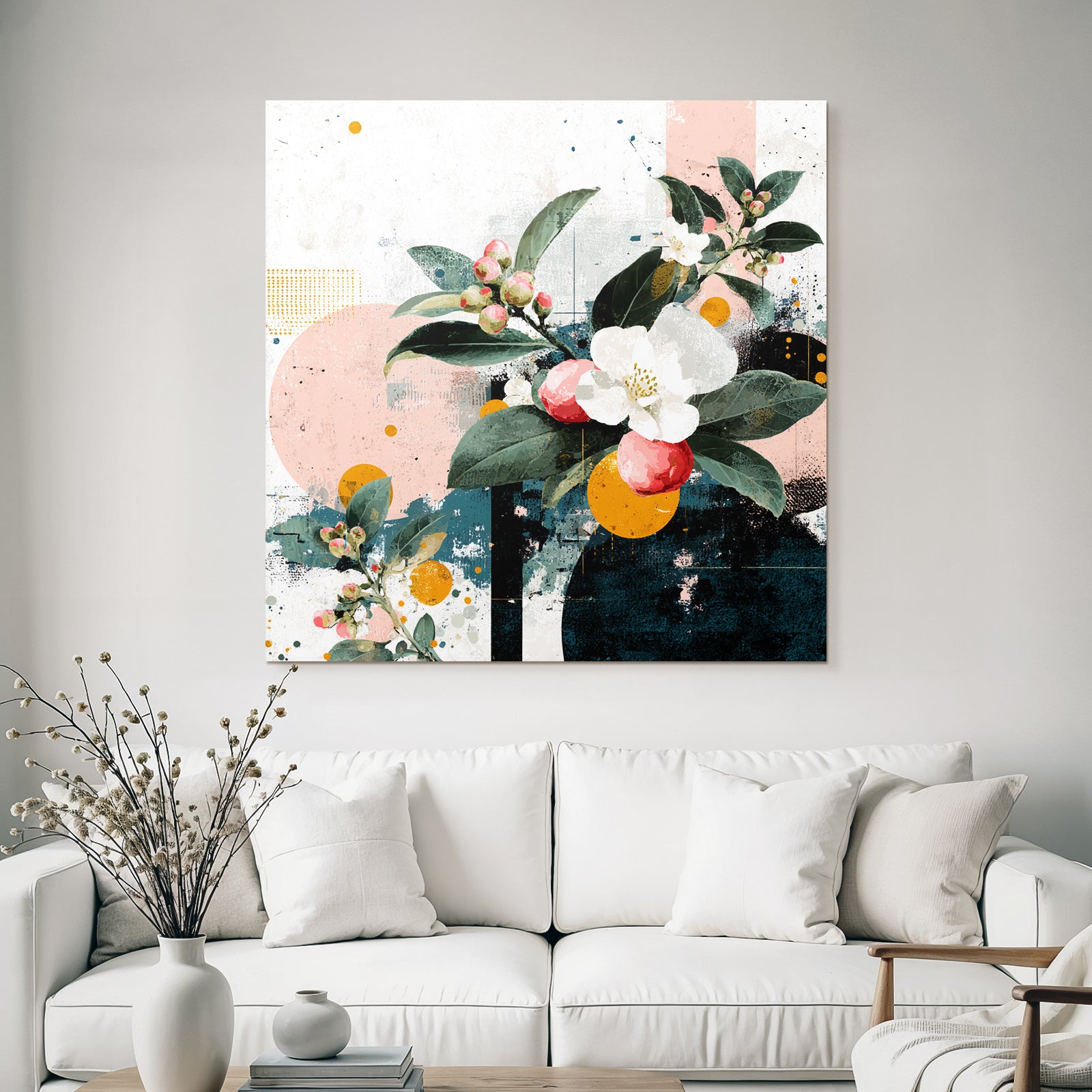 Blumige Abstrakte Artwork Mit Geomterischen Formen Rosa Orange Teal