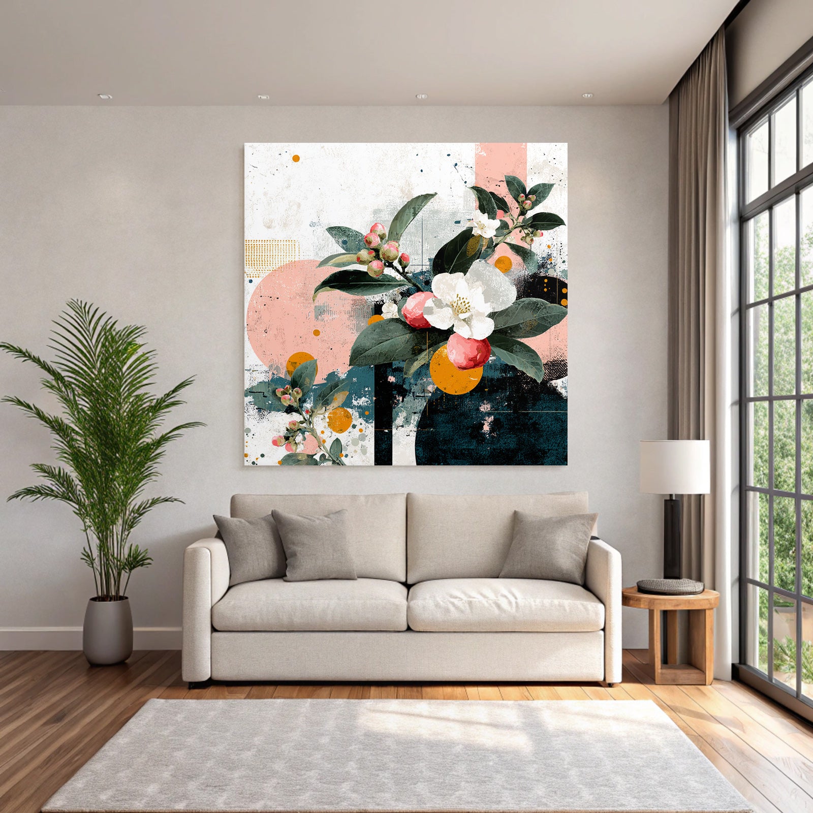 Blumige Abstrakte Artwork Mit Geomterischen Formen Rosa Orange Teal