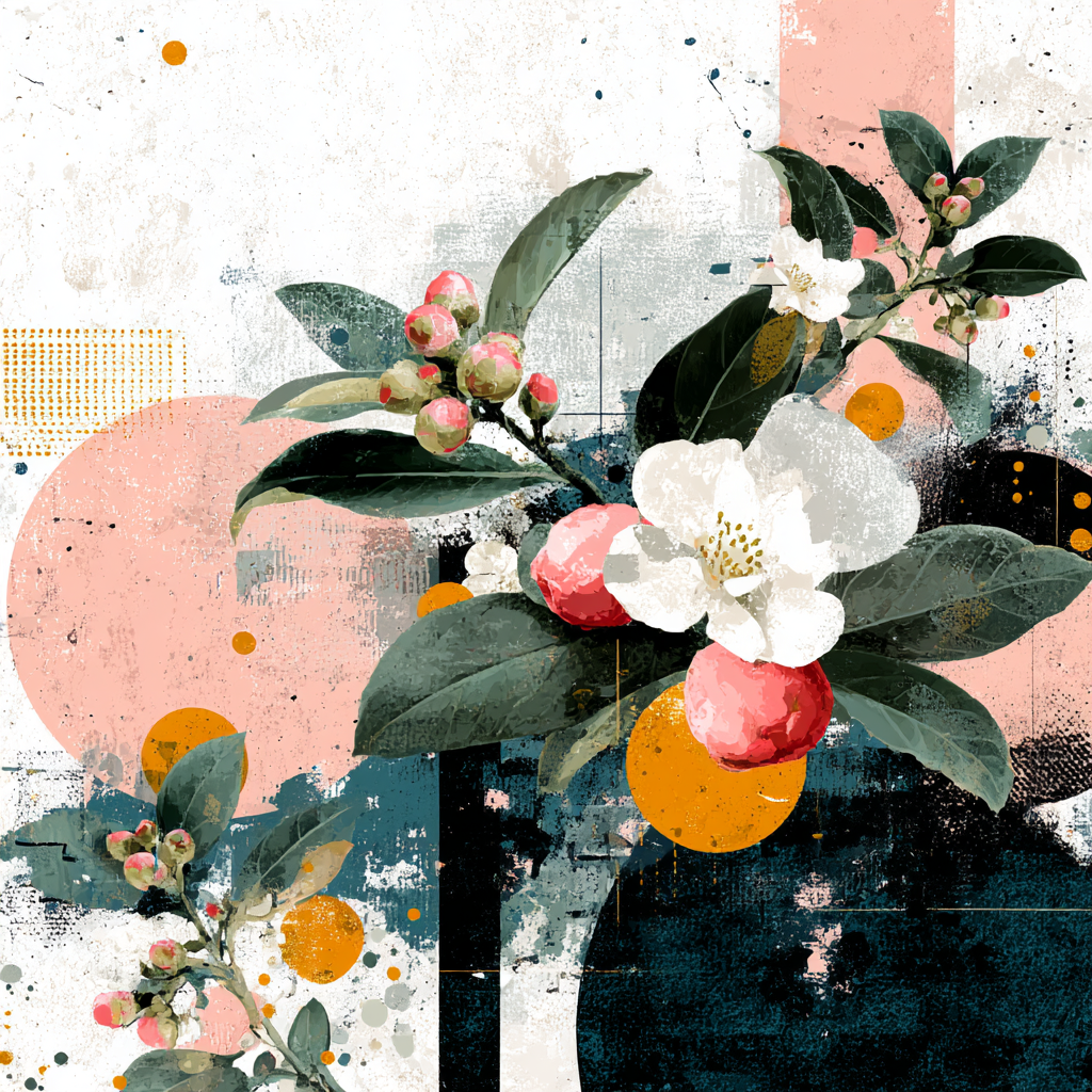 Blumige Abstrakte Artwork Mit Geomterischen Formen Rosa Orange Teal | Collagen | Kunstgattungen