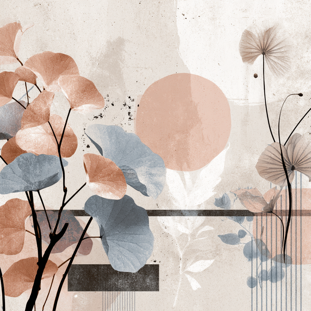Botanische Abstracte Kunst Mit Geometrischen Formen In Weichen Farben | Collagen | Kunstgattungen