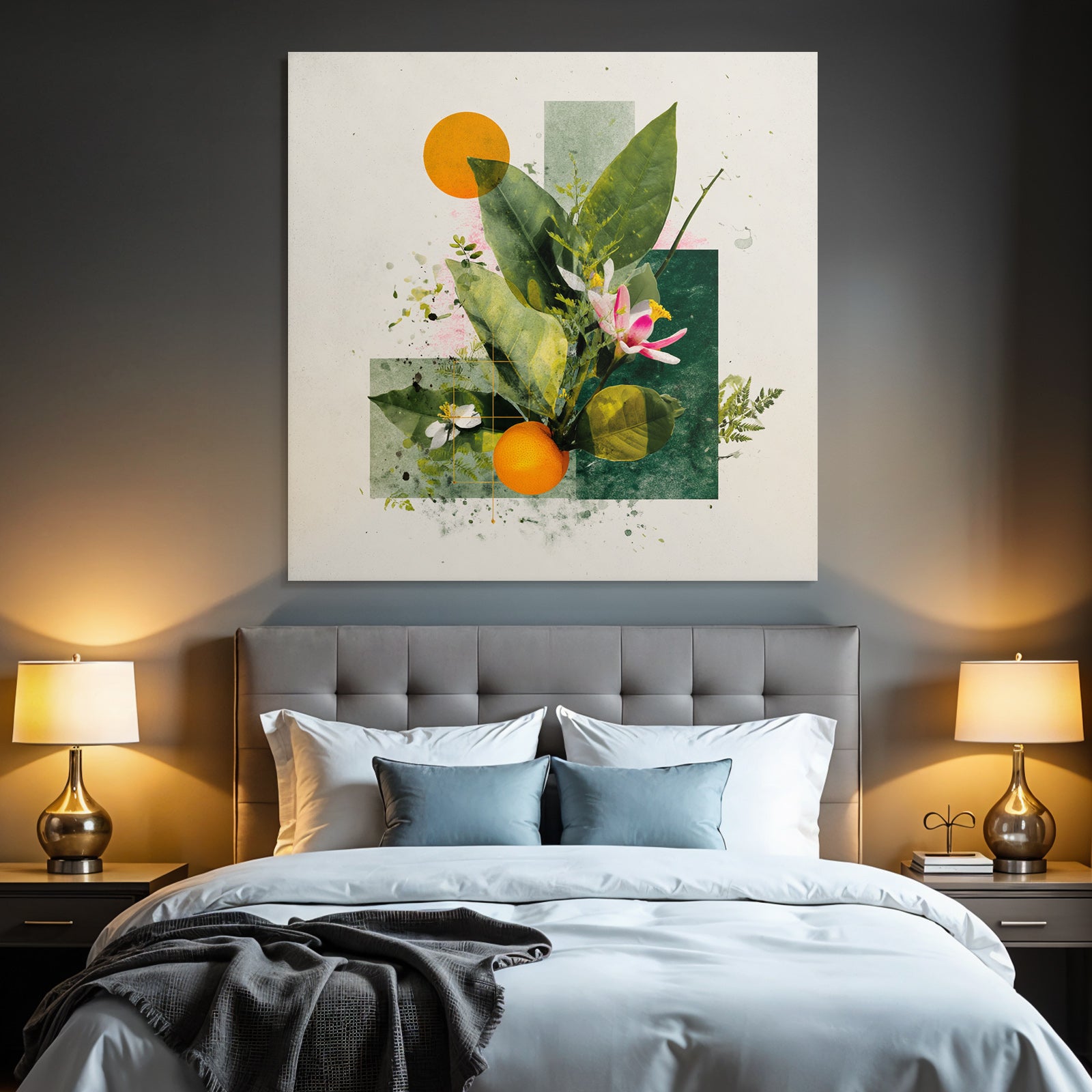 Botanische Kunst Mit Blaettern Blumen Und Einer Orange Geometrische Formen