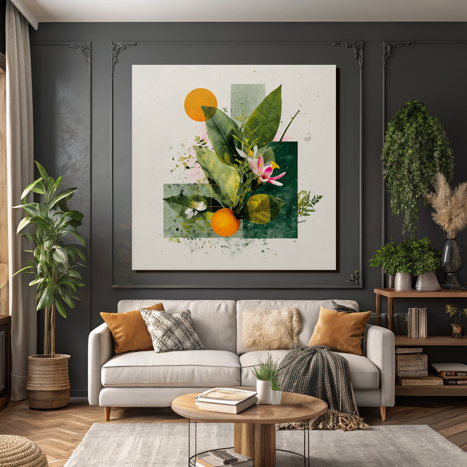 Botanische Kunst Mit Blaettern Blumen Und Einer Orange Geometrische Formen