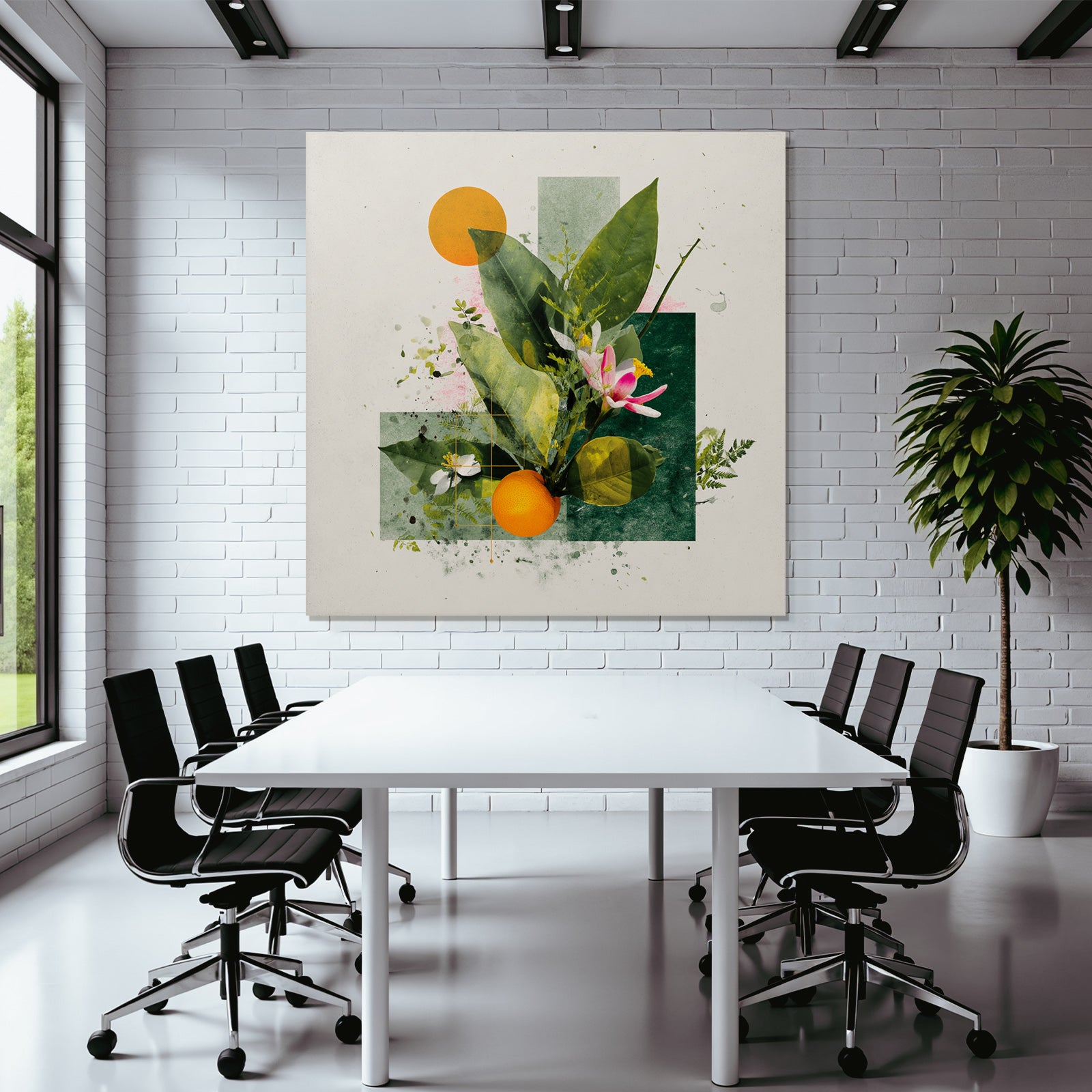 Botanische Kunst Mit Blaettern Blumen Und Einer Orange Geometrische Formen