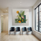 Botanische Kunst Mit Blaettern Blumen Und Einer Orange Geometrische Formen