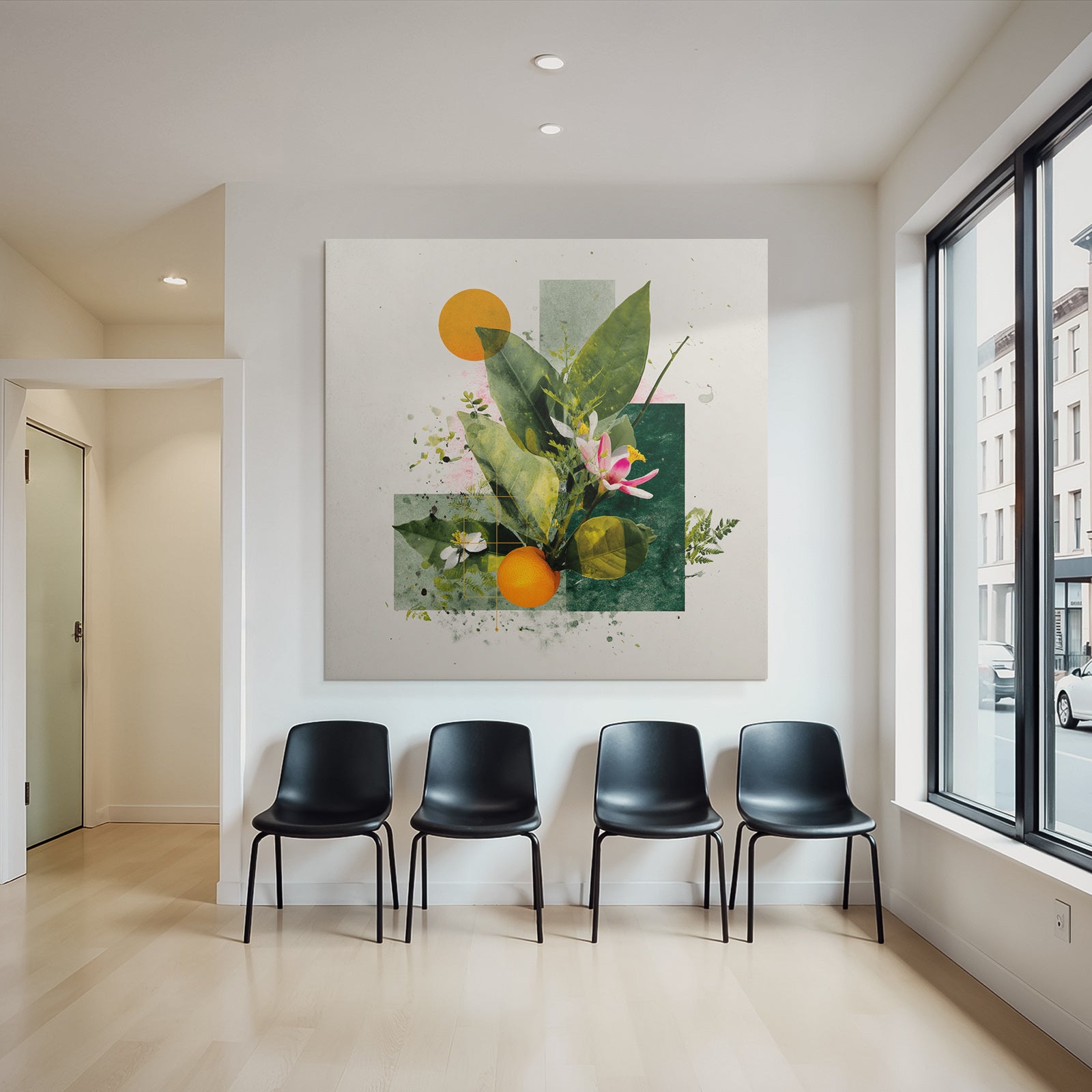Botanische Kunst Mit Blaettern Blumen Und Einer Orange Geometrische Formen