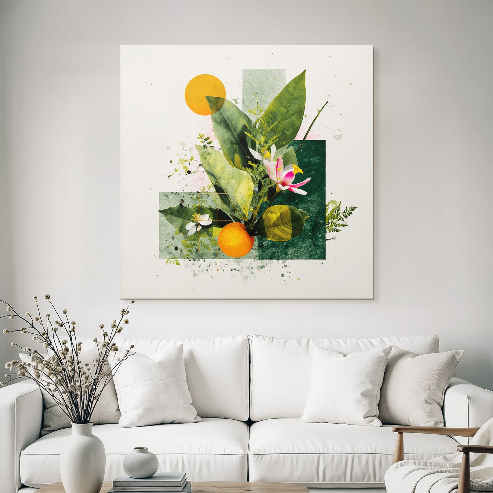 Botanische Kunst Mit Blaettern Blumen Und Einer Orange Geometrische Formen