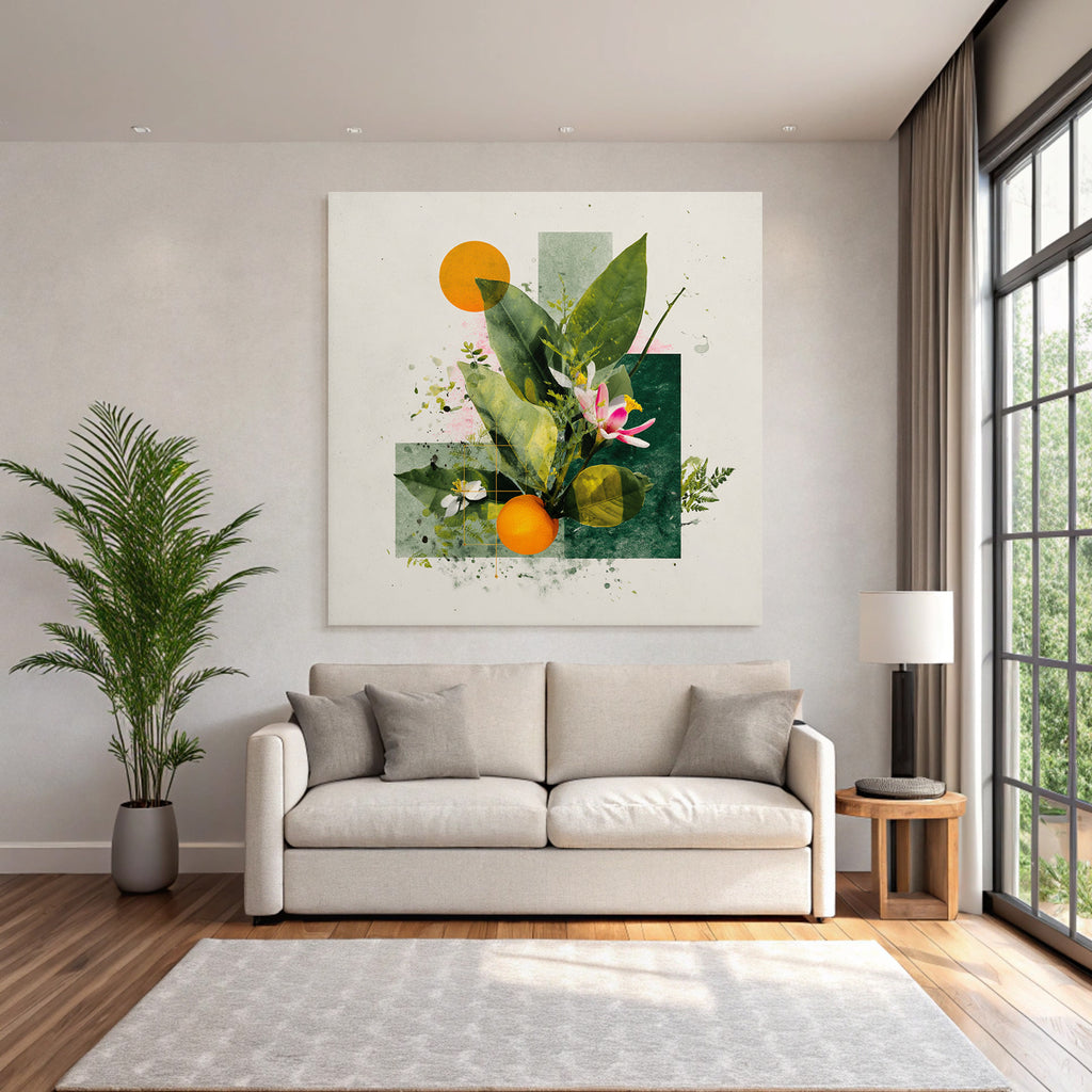 Botanische Kunst Mit Blaettern Blumen Und Einer Orange Geometrische Formen