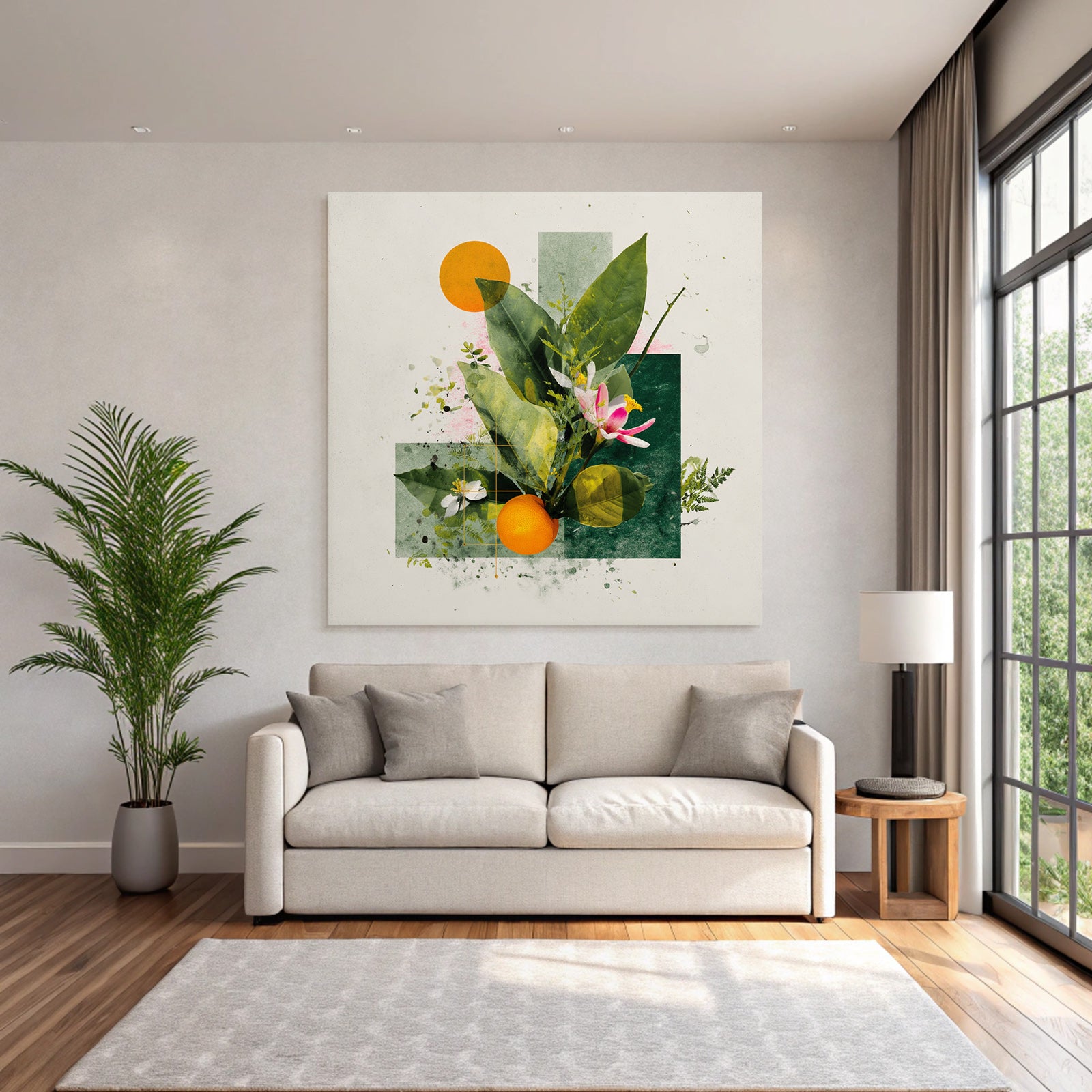 Botanische Kunst Mit Blaettern Blumen Und Einer Orange Geometrische Formen
